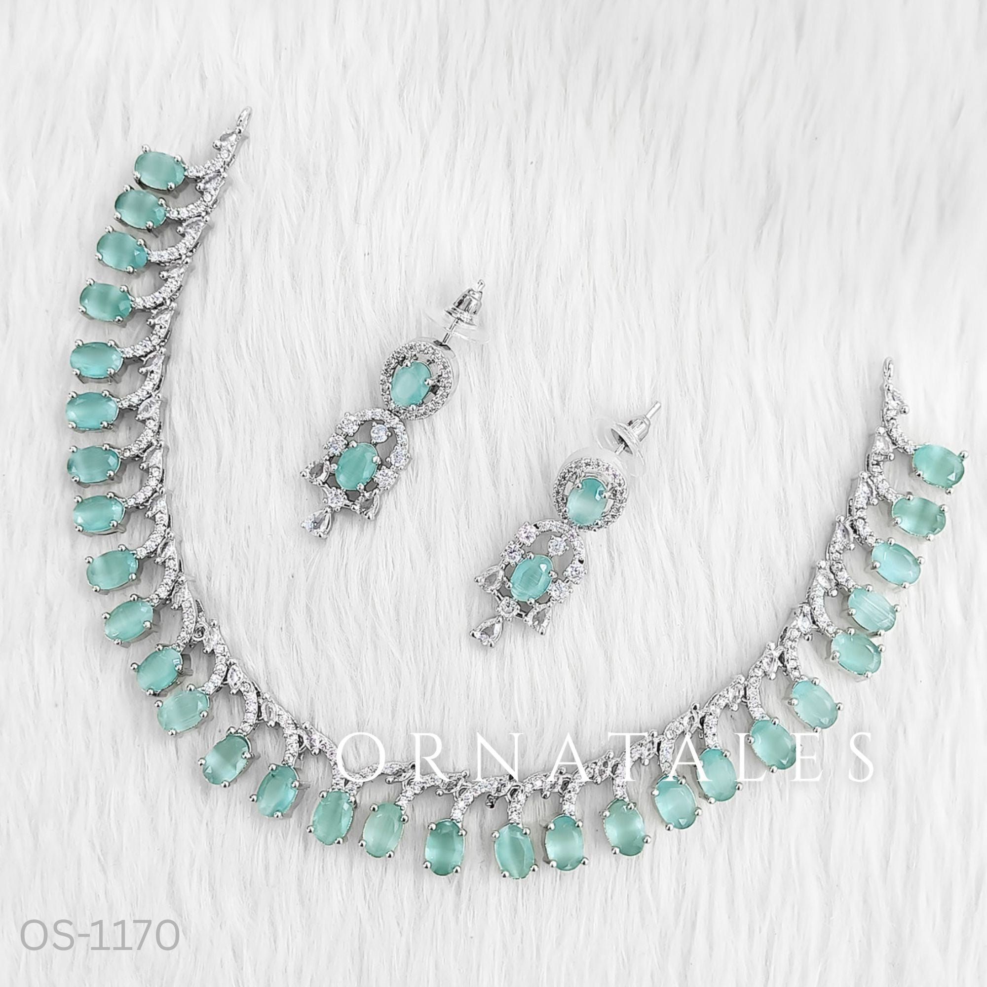 Mint Diamond Cut Necklace Set with linear alternated oval and round stones – matching earrings – Ornatales