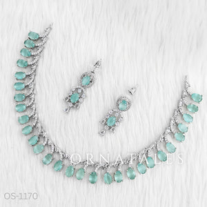 Mint Diamond Cut Necklace Set with linear alternated oval and round stones – matching earrings – Ornatales