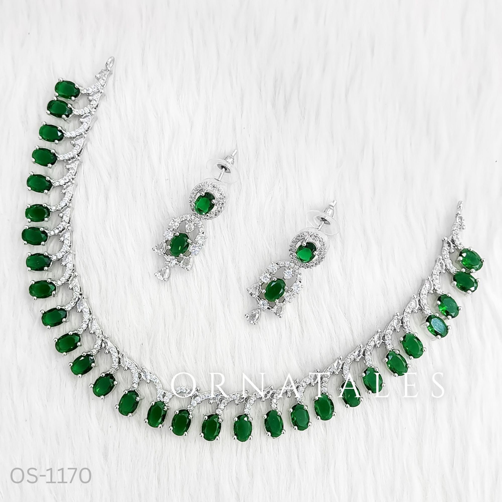 Emerald Green Diamond Cut Necklace Set with linear alternated oval and round stones – matching earrings – Ornatales