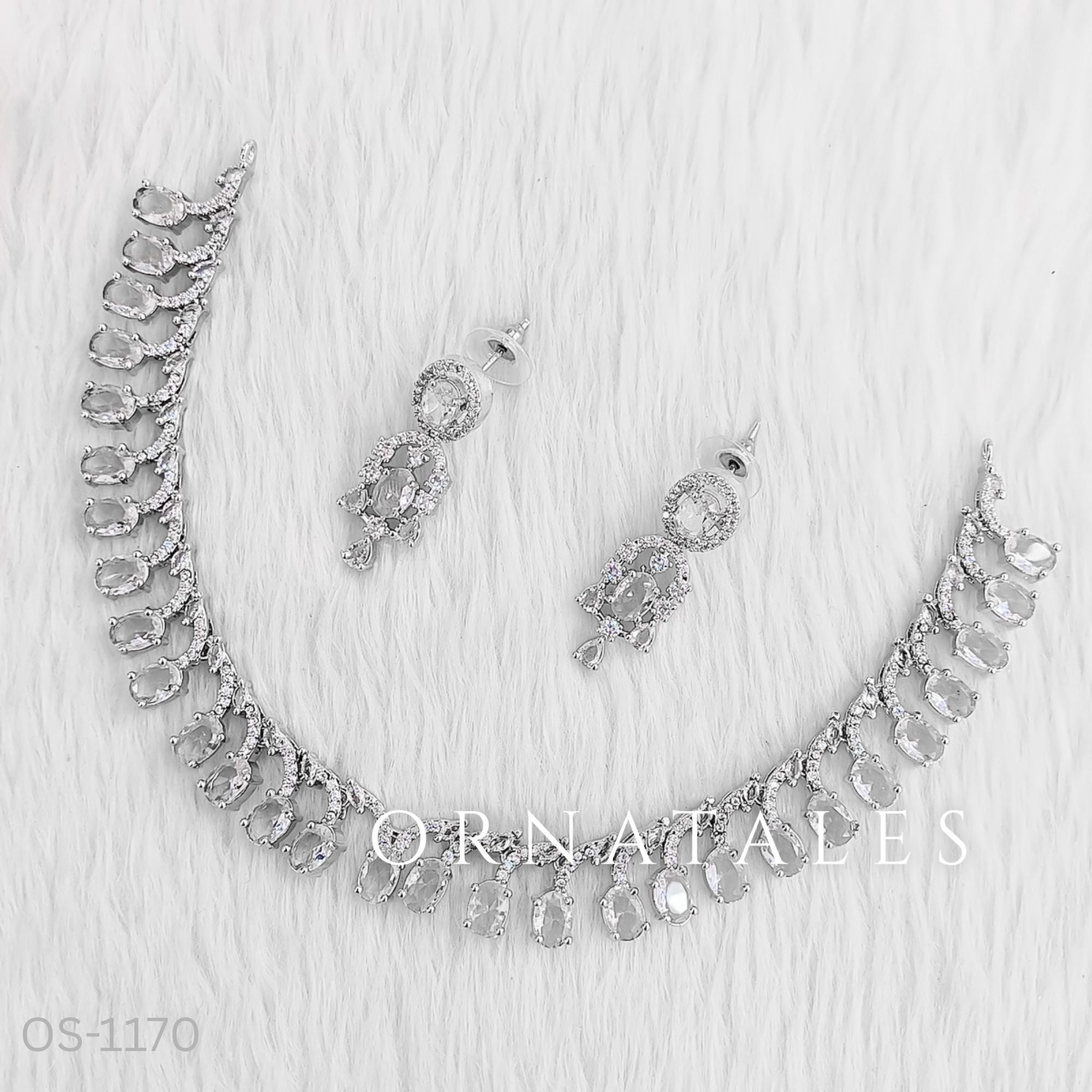 Crystal White Diamond Cut Necklace Set with linear alternated oval and round stones – matching earrings – Ornatales