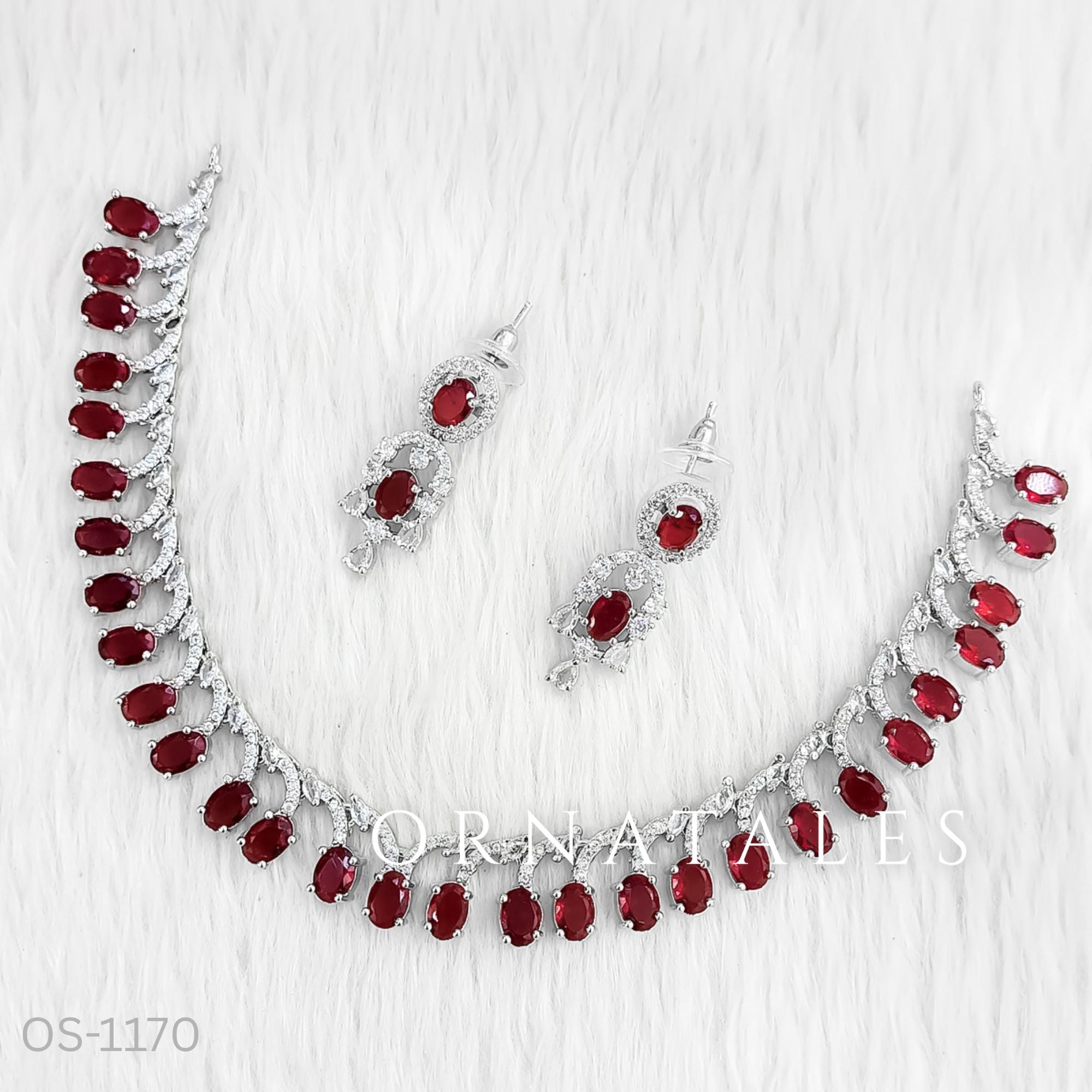 Ruby Red Diamond Cut Necklace Set with linear alternated oval and round stones – matching earrings – Ornatales