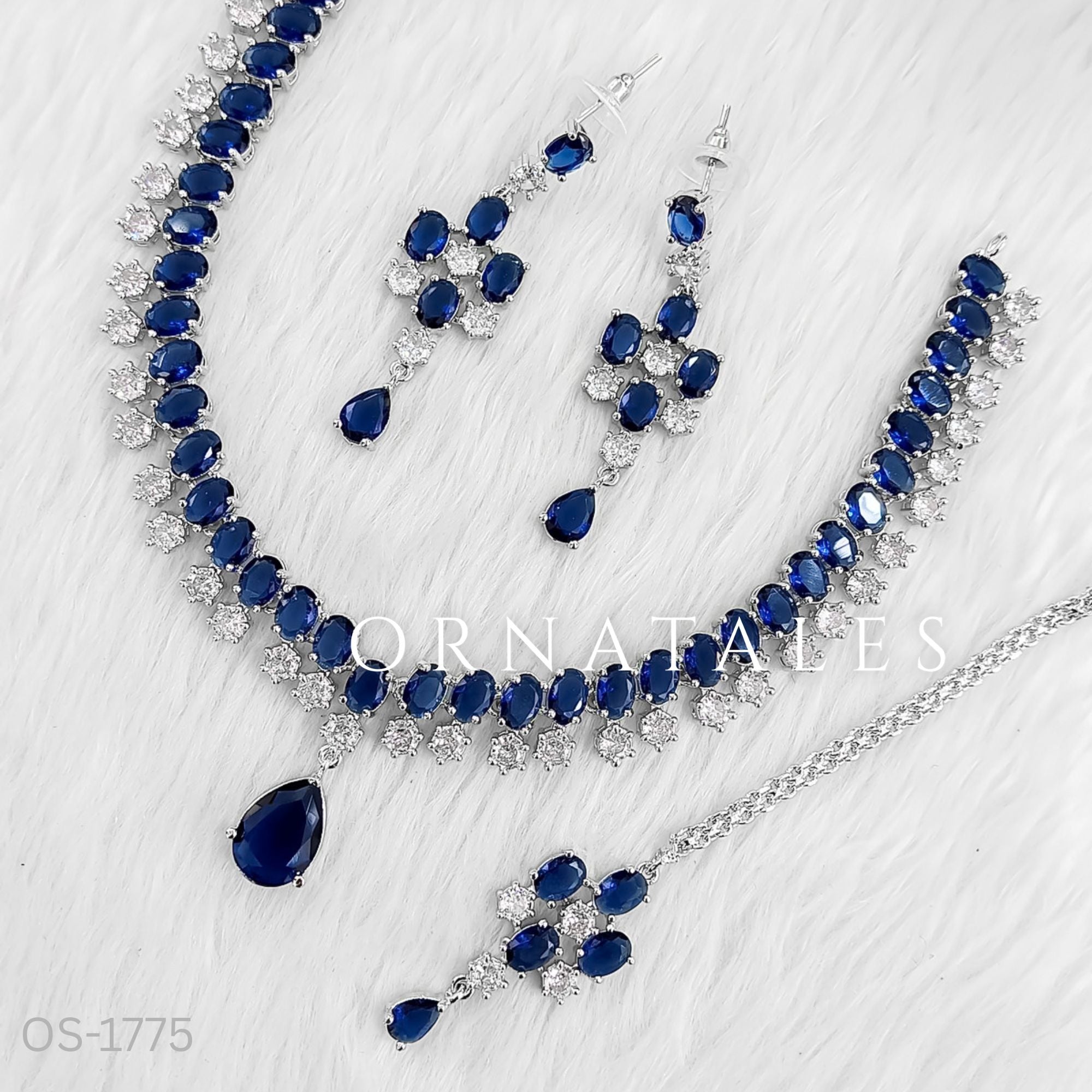 Royal Blue Diamond Cut Chandelier Necklace Set with matching earrings and tikli – Ornatales