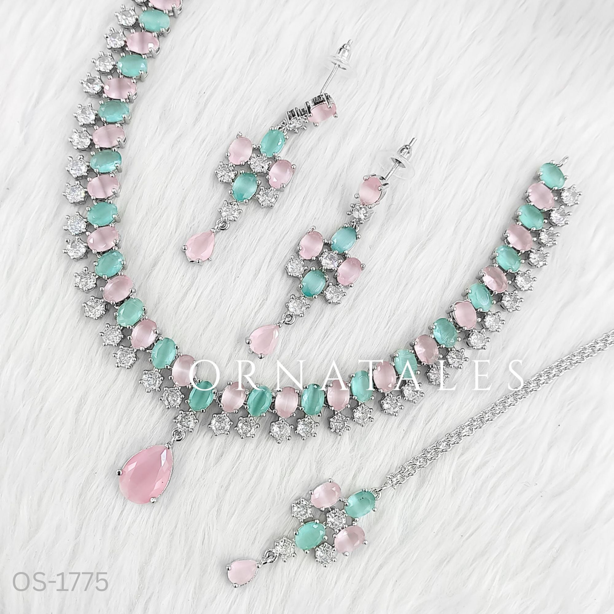 Pink & Mint Diamond Cut Chandelier Necklace Set with matching earrings and tikli – Ornatales