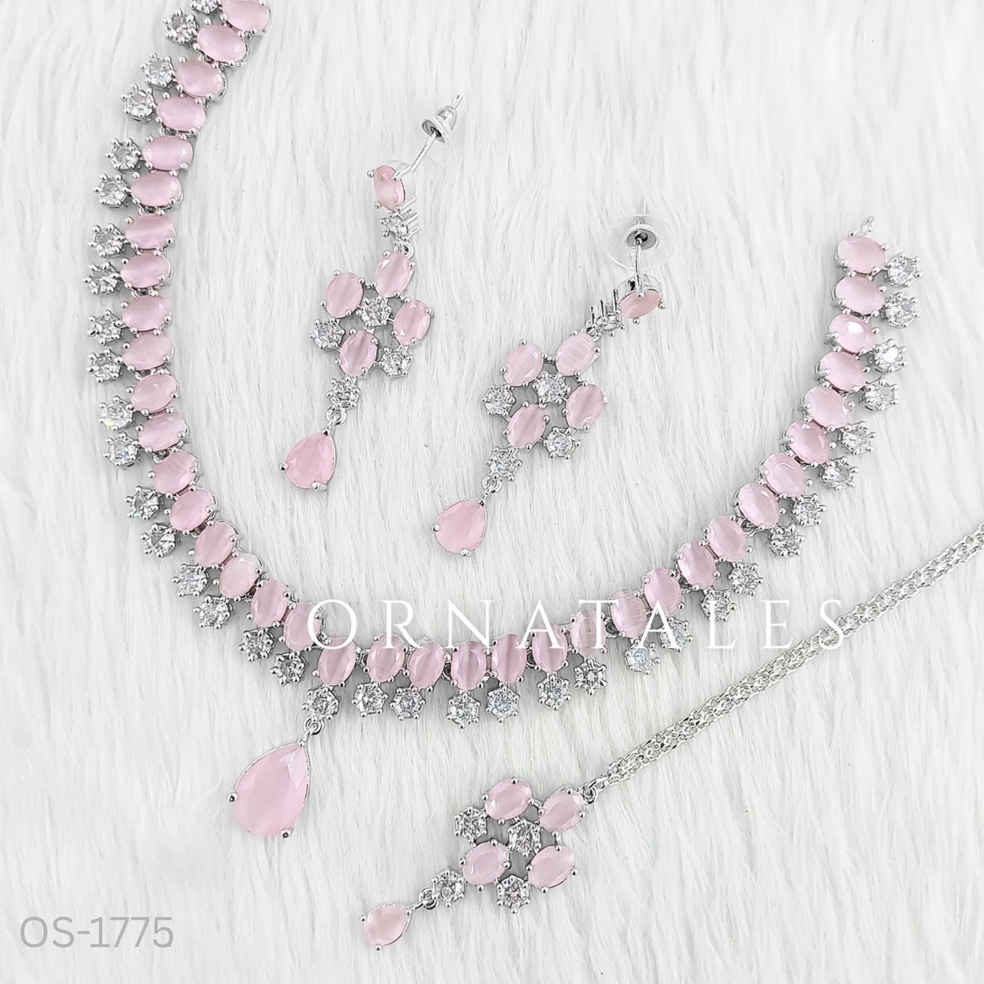 Pink Diamond Cut Chandelier Necklace Set with matching earrings and tikli – Ornatales