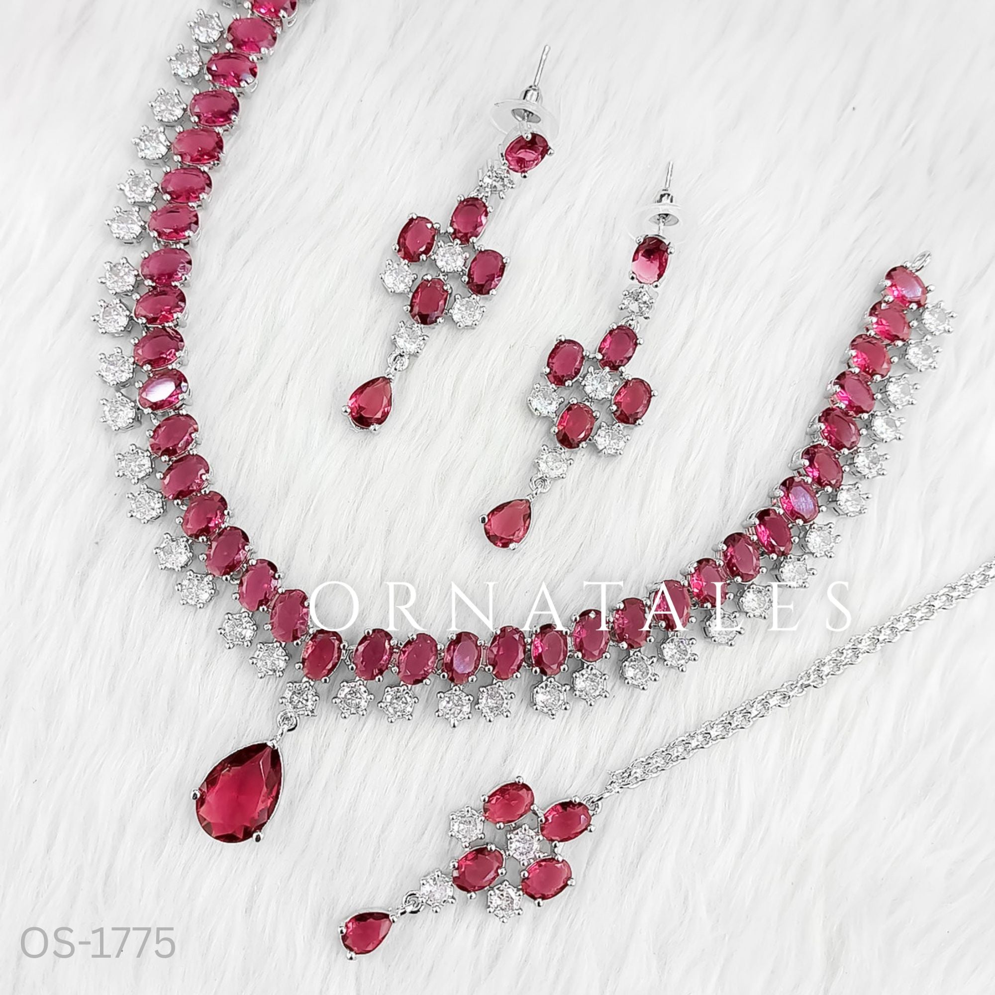 Magenta Diamond Cut Chandelier Necklace Set with matching earrings and tikli – Ornatales
