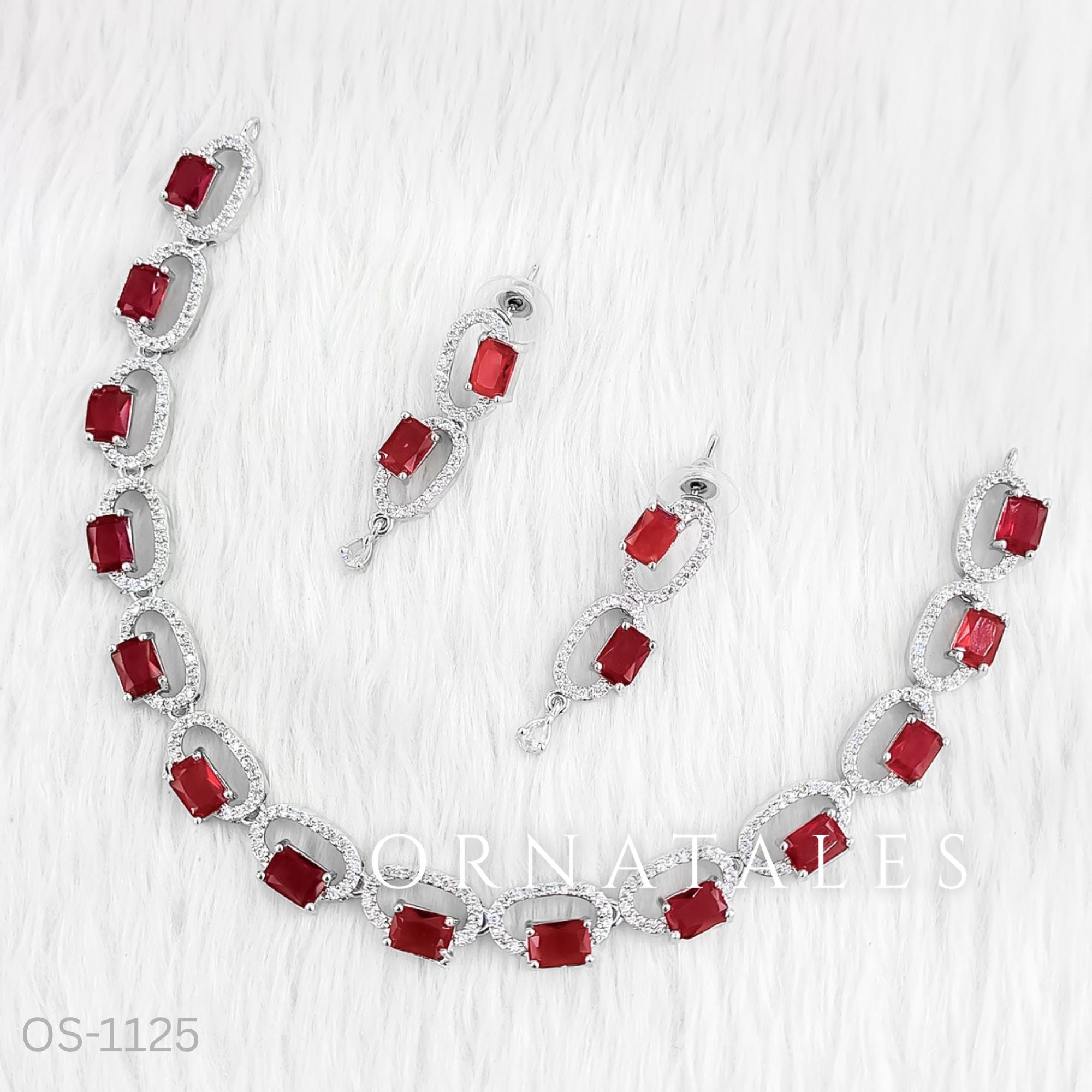 Ruby Red Diamond Cut Necklace Set with rectangular stones framed in oval diamond halos – Ornatales