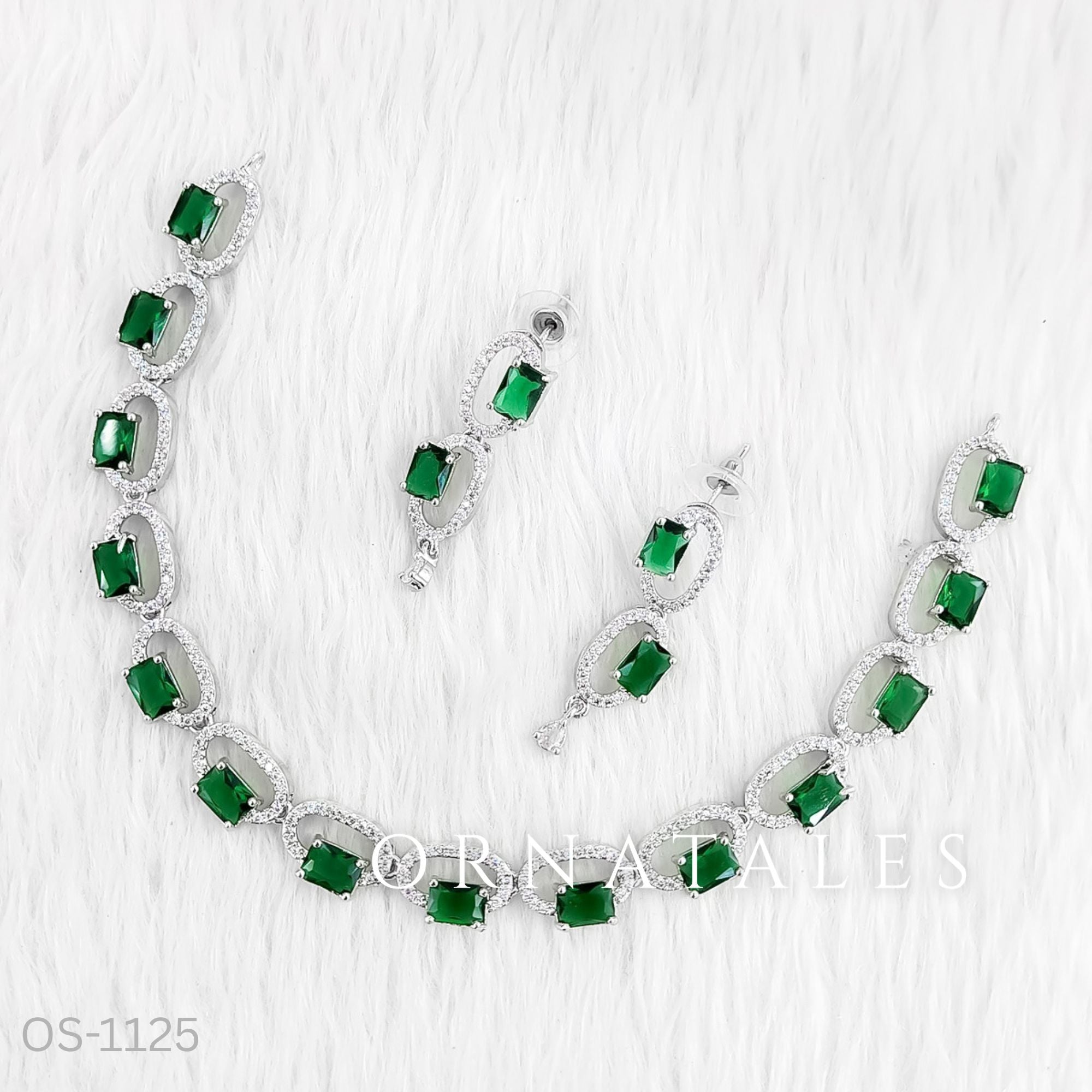 Emerald Green Diamond Cut Necklace Set with rectangular stones framed in oval diamond halos – Ornatales