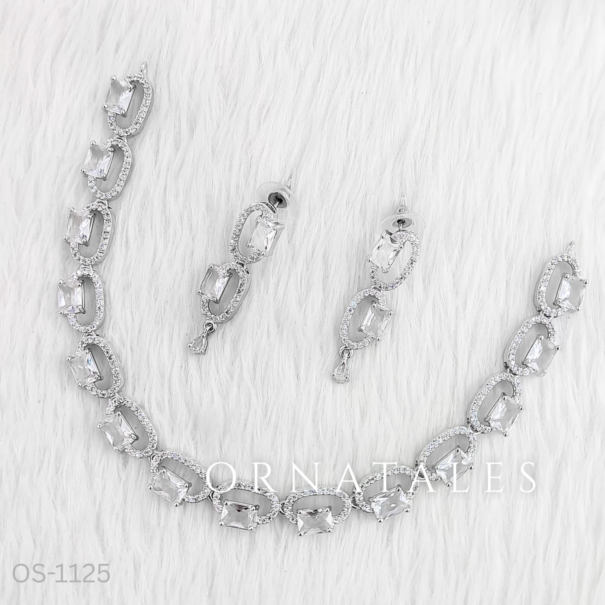 Crystal White Diamond Cut Necklace Set with rectangular stones framed in diamond halos – Ornatales