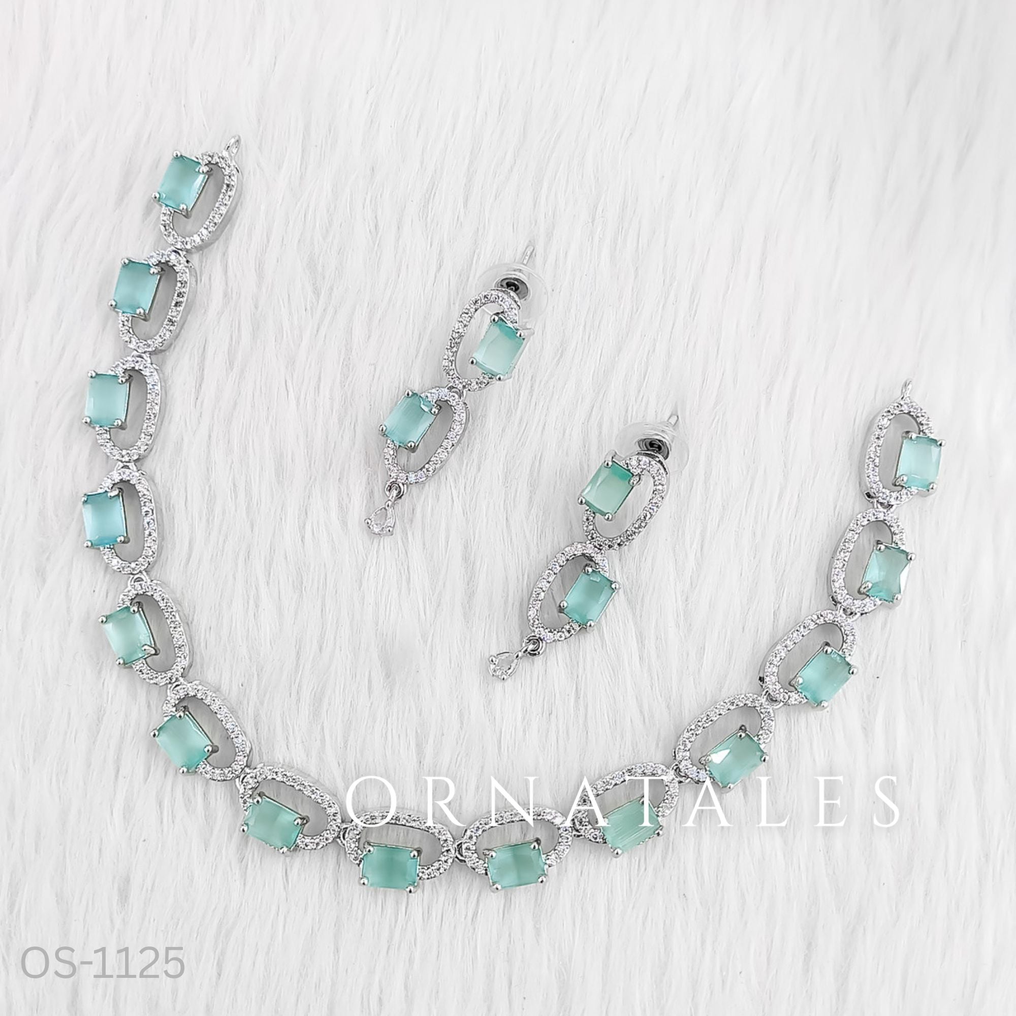 Mint Diamond Cut Necklace Set with rectangular mint stones in diamond frames – Ornatales