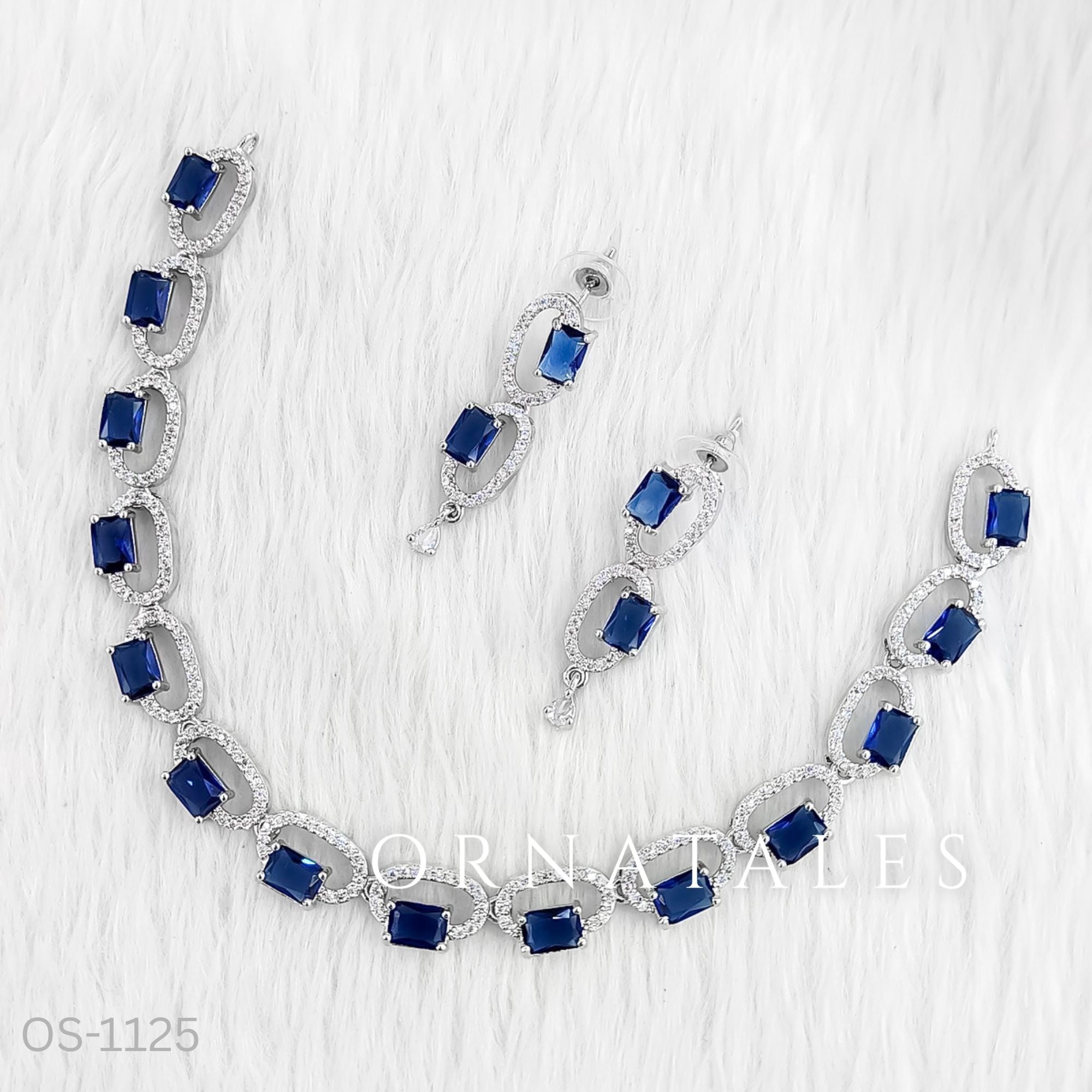Royal Blue Diamond Cut Necklace Set with rectangular blue stones framed in diamonds – Ornatales