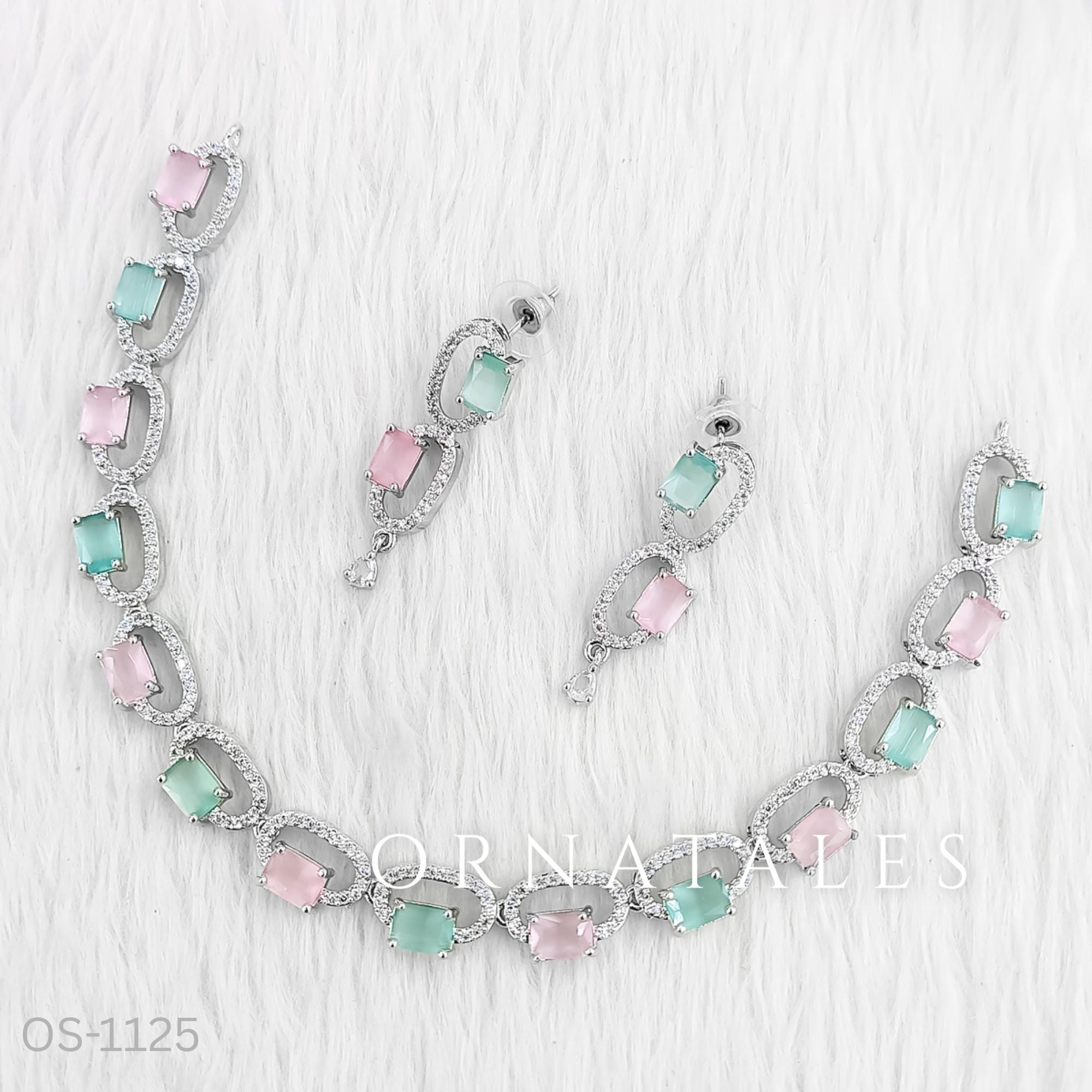 Pink and Mint Diamond Cut Necklace Set with rectangular pastel stones framed in diamonds – Ornatales