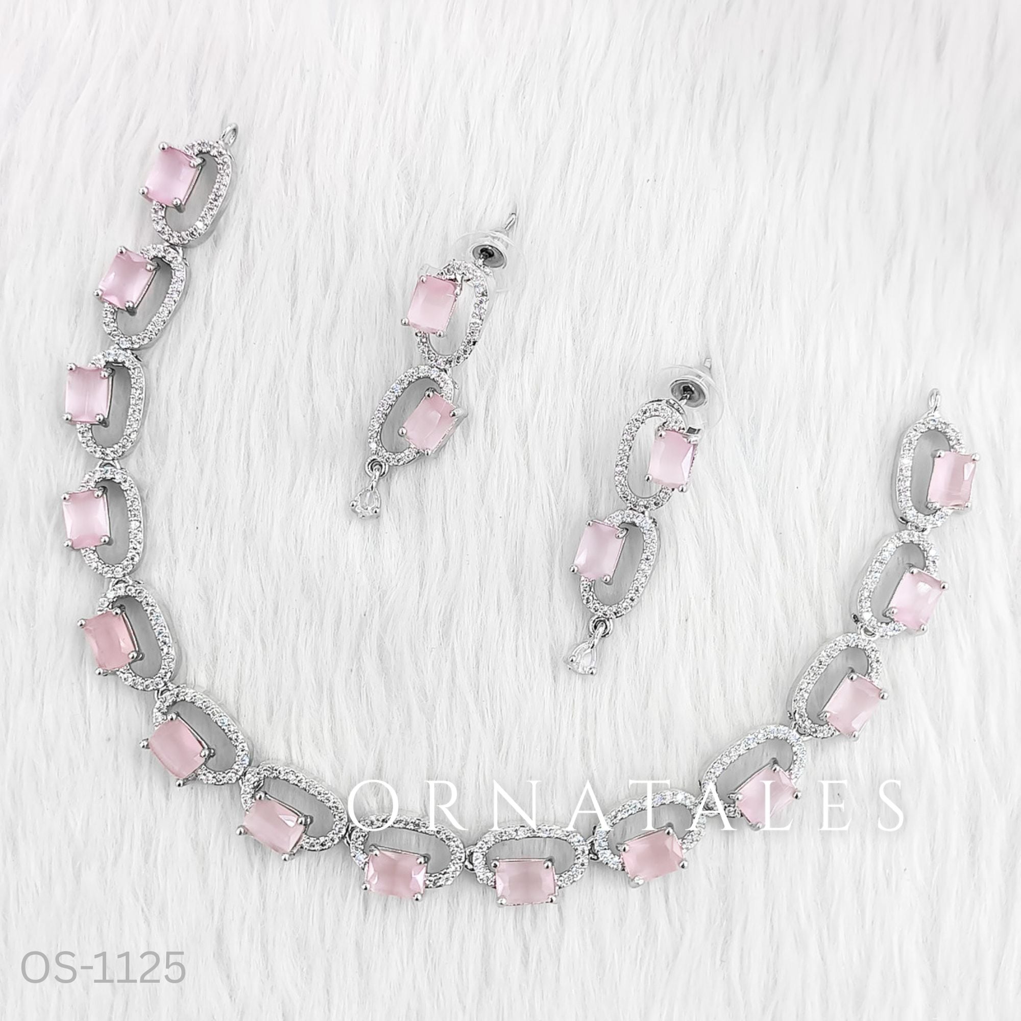 Pink Diamond Cut Necklace Set with rectangular stones framed in diamonds – Ornatales