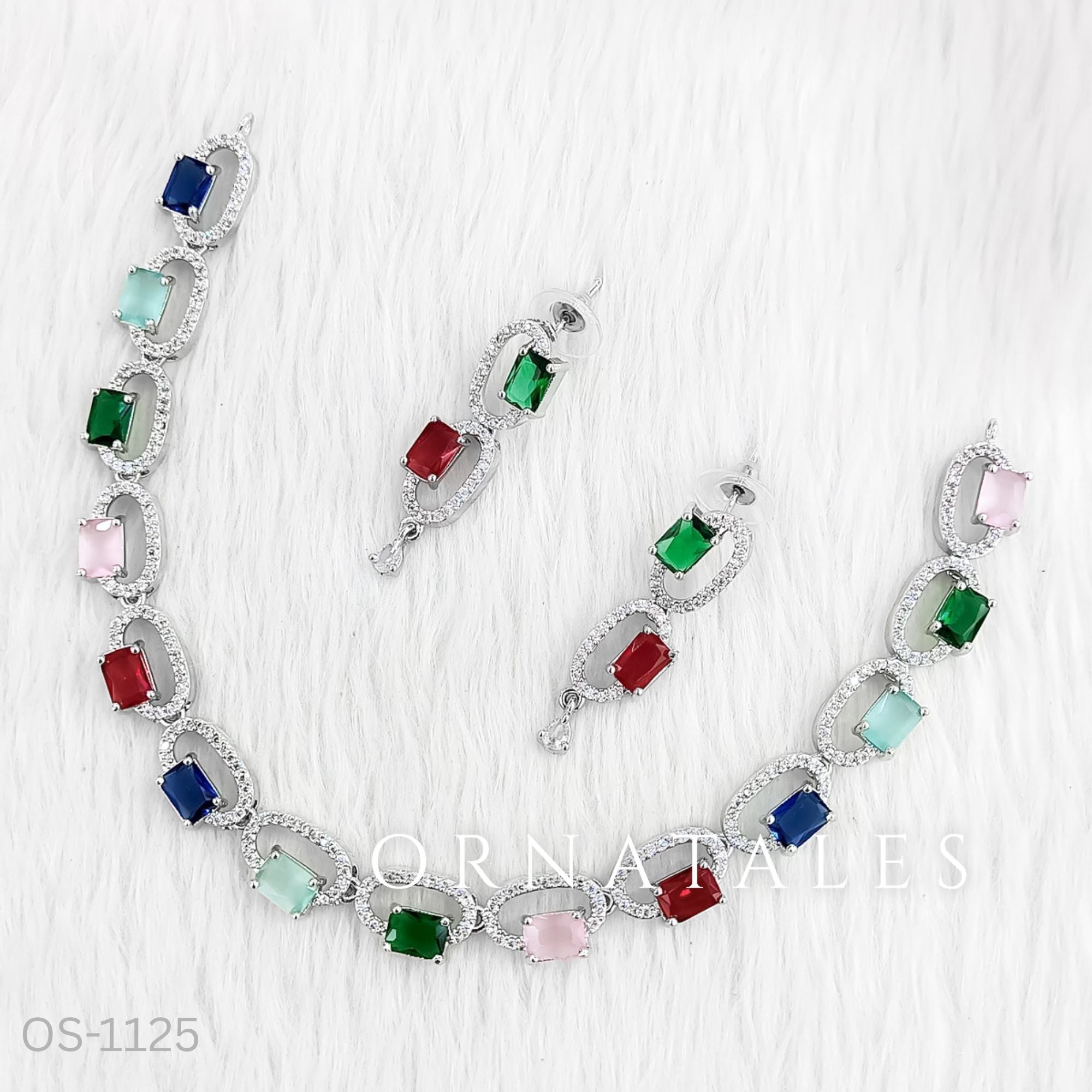 Multicolor Diamond Cut Necklace Set with rectangular stones framed in diamonds – Ornatales