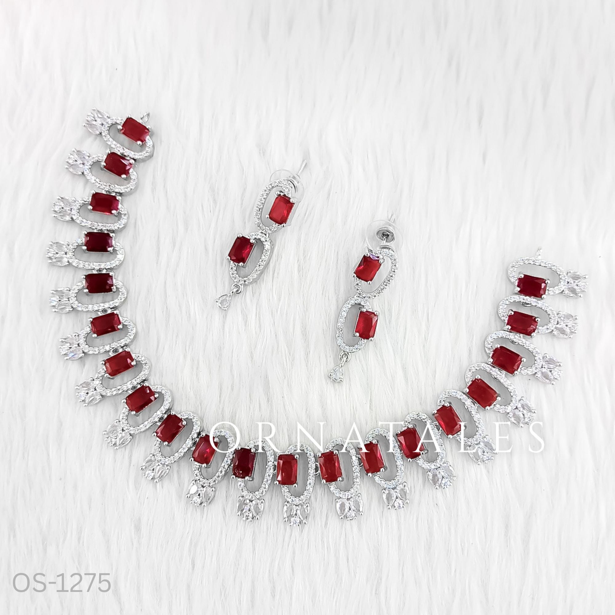 Ruby Red Diamond Cut Necklace Set featuring rectangular block stones and twin diamond clusters – Ornatales