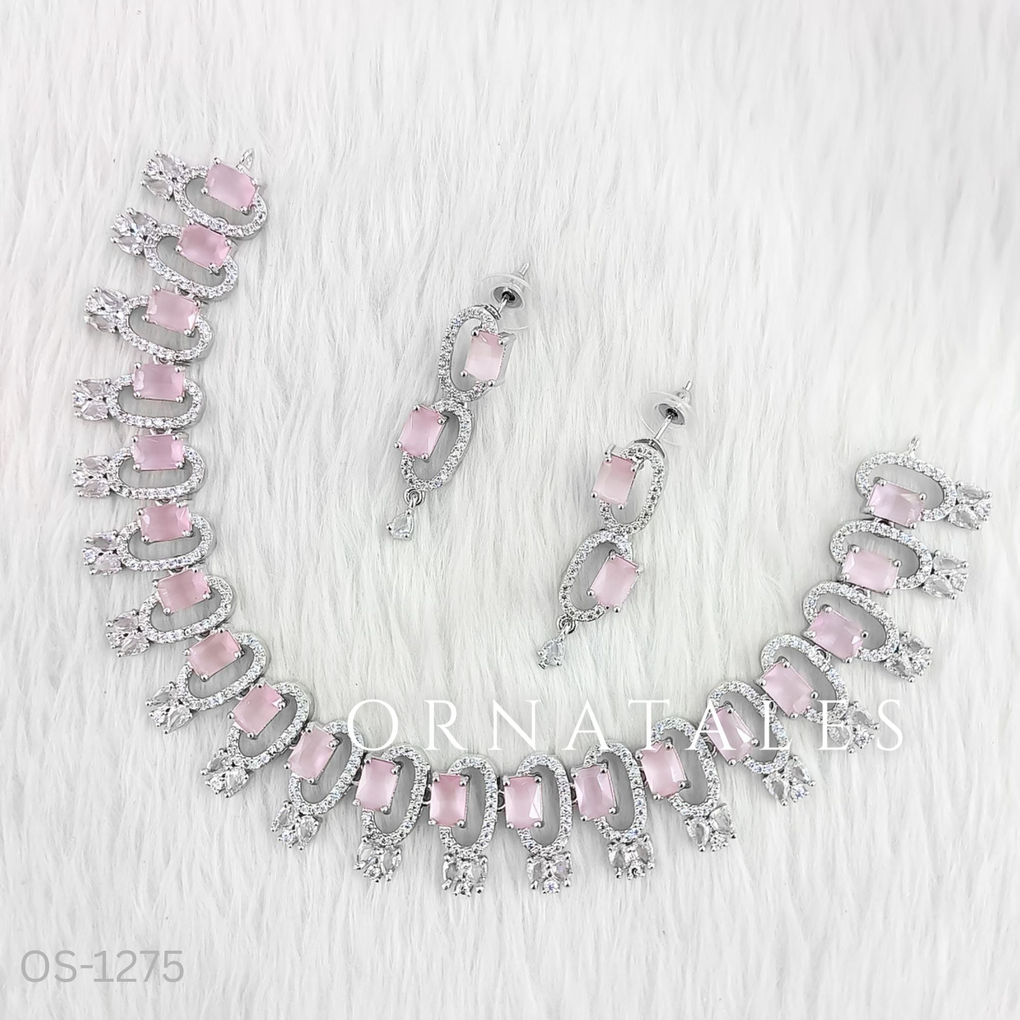 Pink Diamond Cut Necklace Set featuring rectangular block stones with twin diamond clusters – Ornatales
