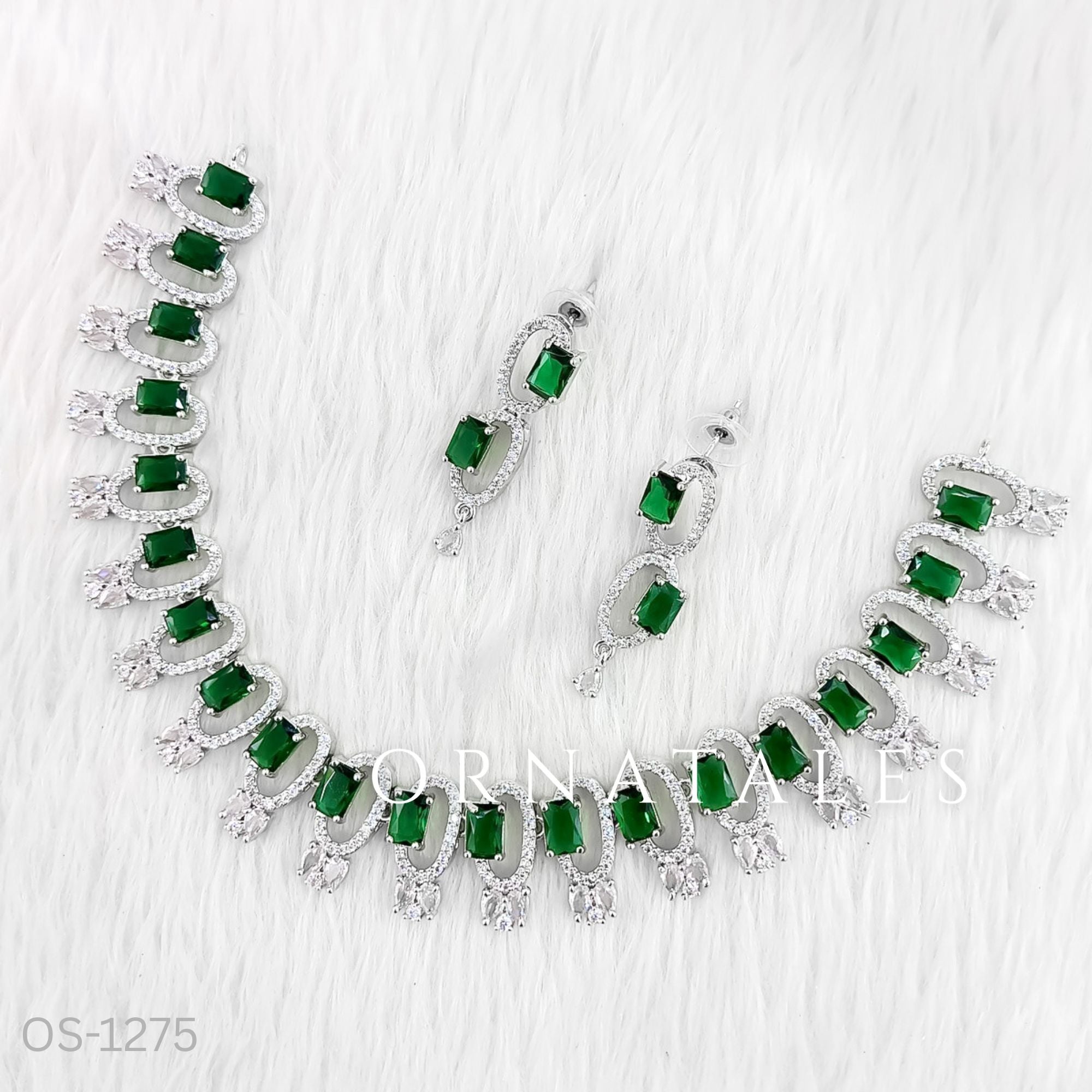 Emerald Green Diamond Cut Necklace Set featuring rectangular block stones with twin diamond clusters – Ornatales