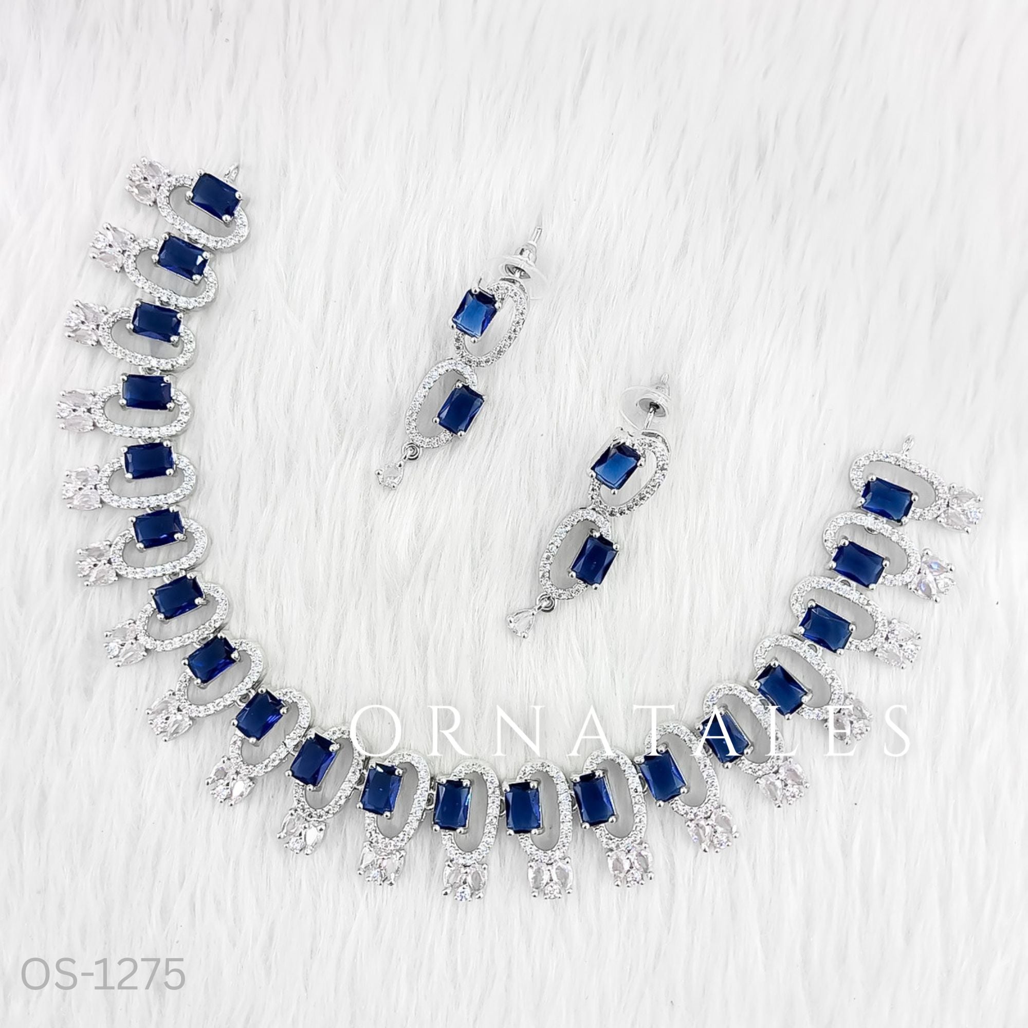 Royal Blue Diamond Cut Necklace Set featuring rectangular block stones with twin diamond clusters – Ornatales