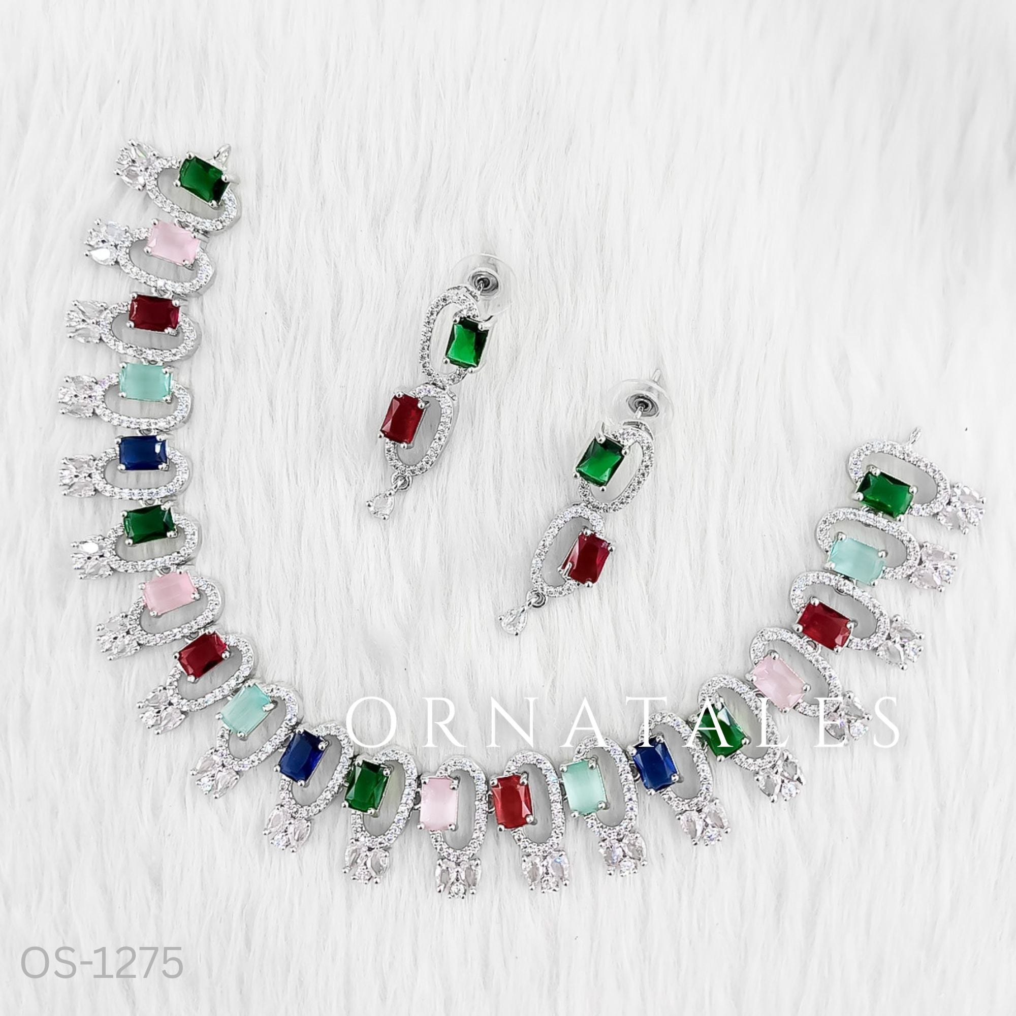 Multicolor Diamond Cut Necklace Set featuring rectangular block stones with twin diamond clusters – Ornatales