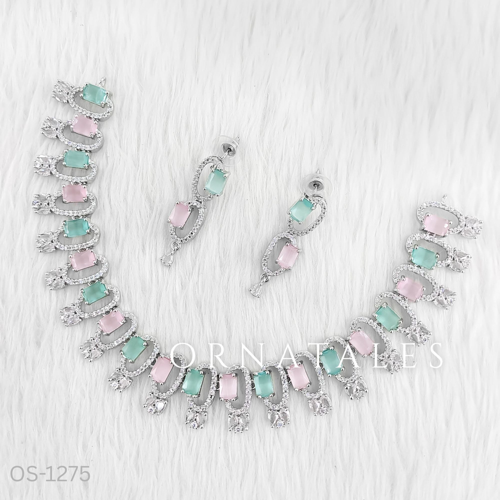 Pink & Mint Diamond Cut Necklace Set featuring rectangular block stones with twin diamond clusters – Ornatales