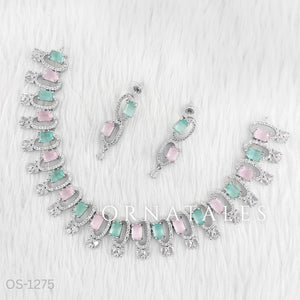 Pink & Mint Diamond Cut Necklace Set featuring rectangular block stones with twin diamond clusters – Ornatales