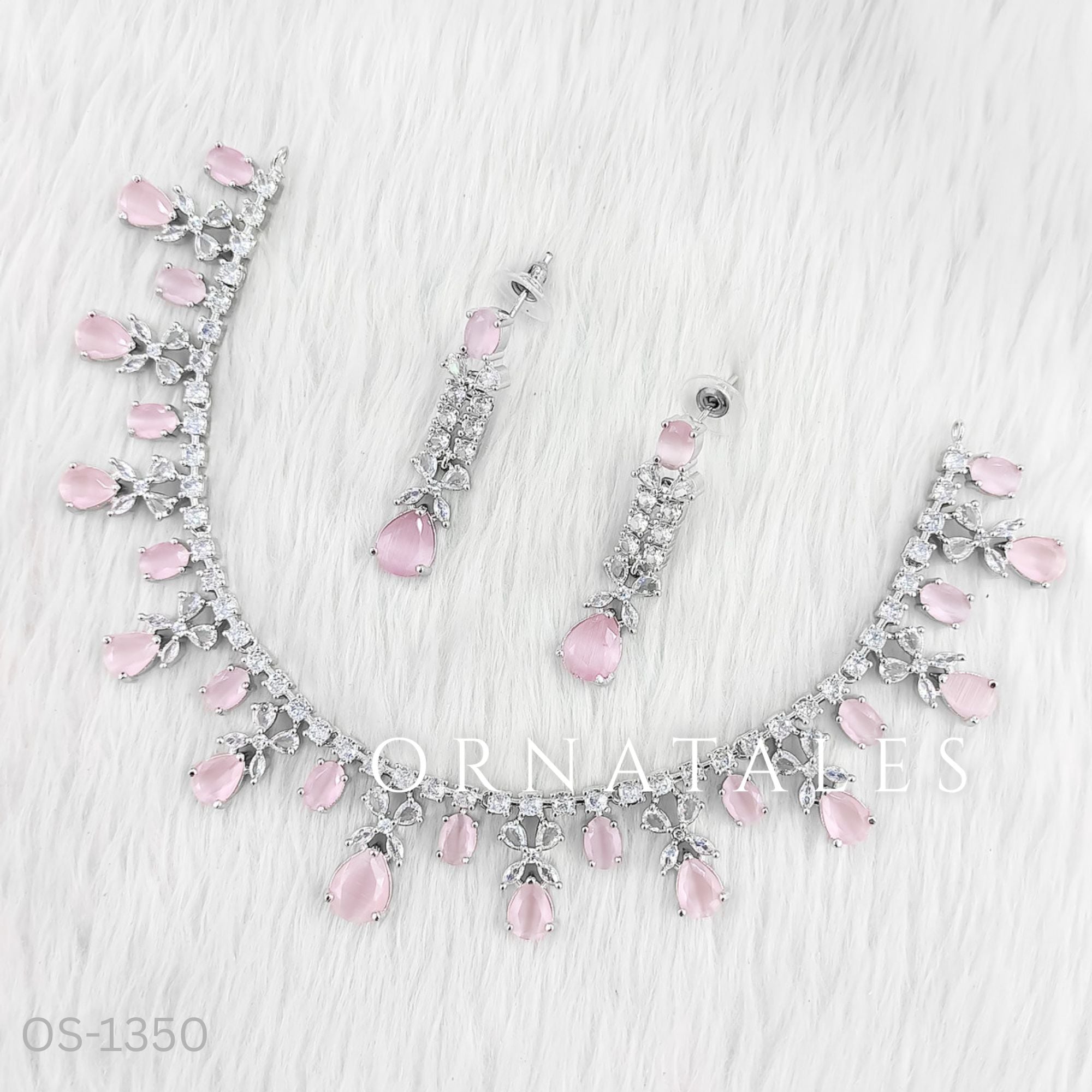 Pink Diamond Cut Necklace Set featuring cascading teardrop stones and clustered diamond detailing – Ornatales