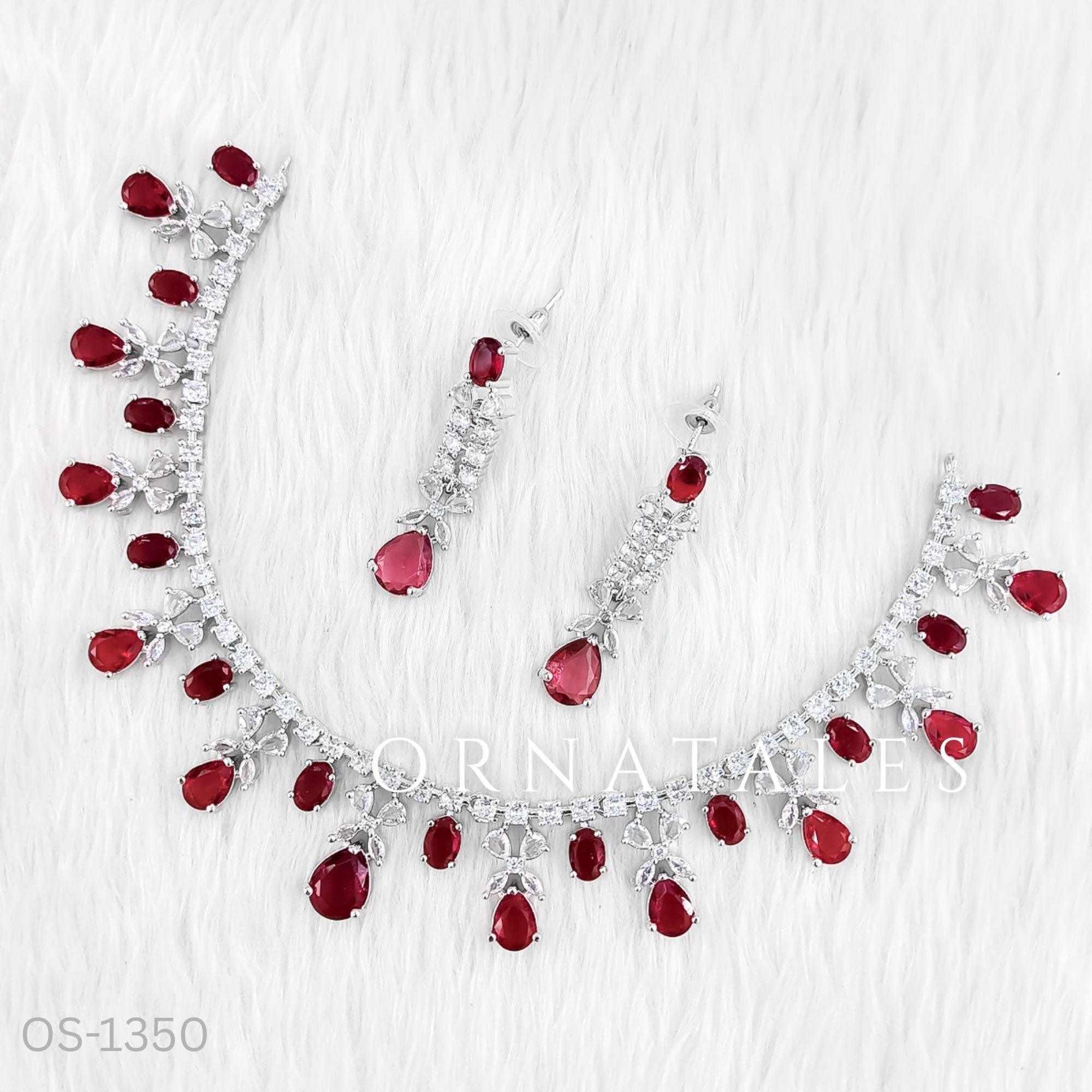 Ruby Red Diamond Cut Necklace Set featuring cascading teardrop stones and clustered diamond detailing – Ornatales