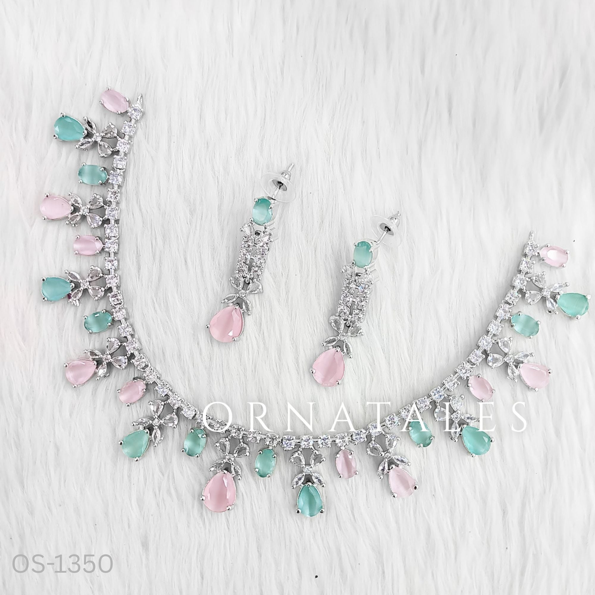 Pink & Mint Diamond Cut Necklace Set featuring cascading teardrop stones and clustered diamond detailing – Ornatales