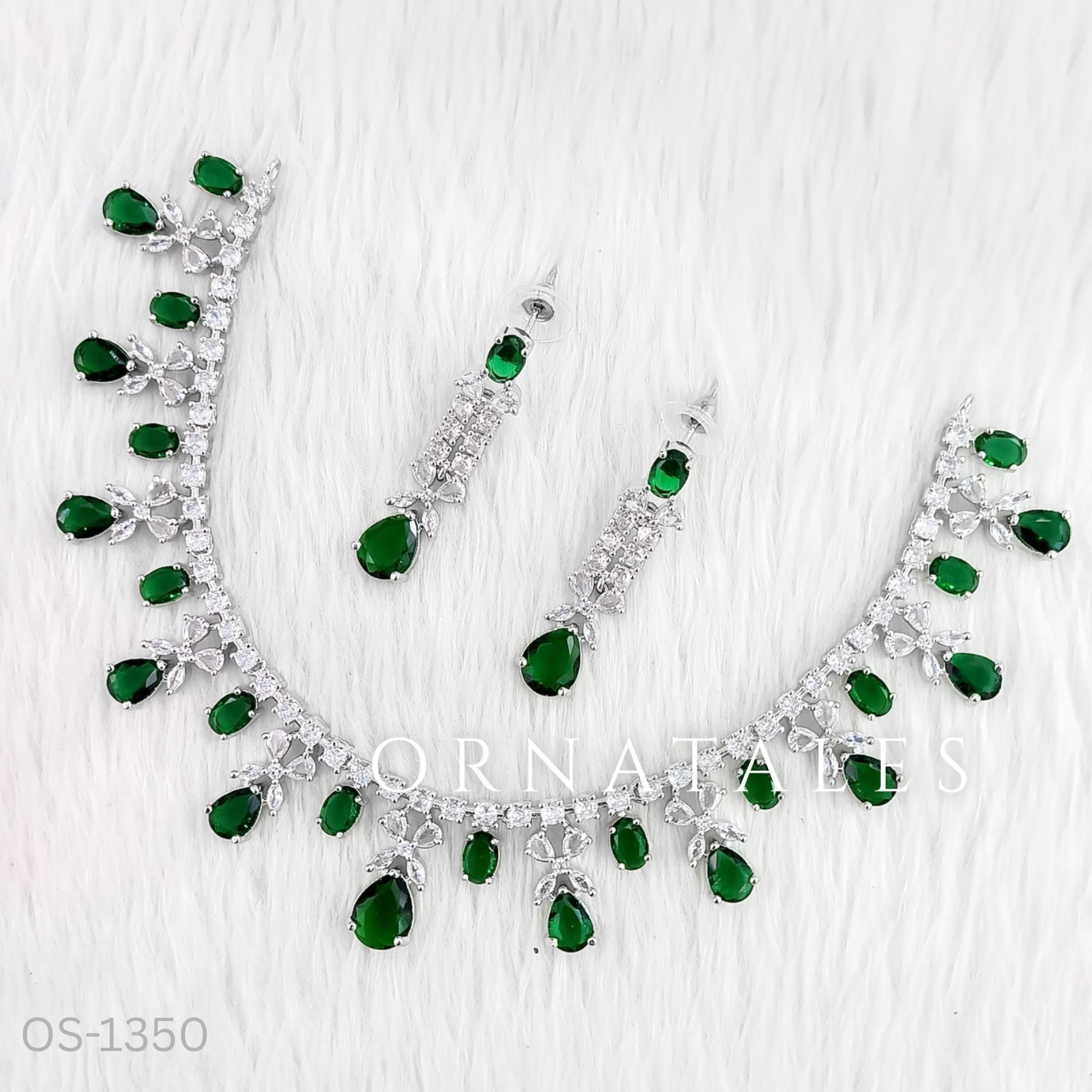 Emerald Green Diamond Cut Necklace Set featuring cascading teardrop stones and clustered diamond detailing – Ornatales