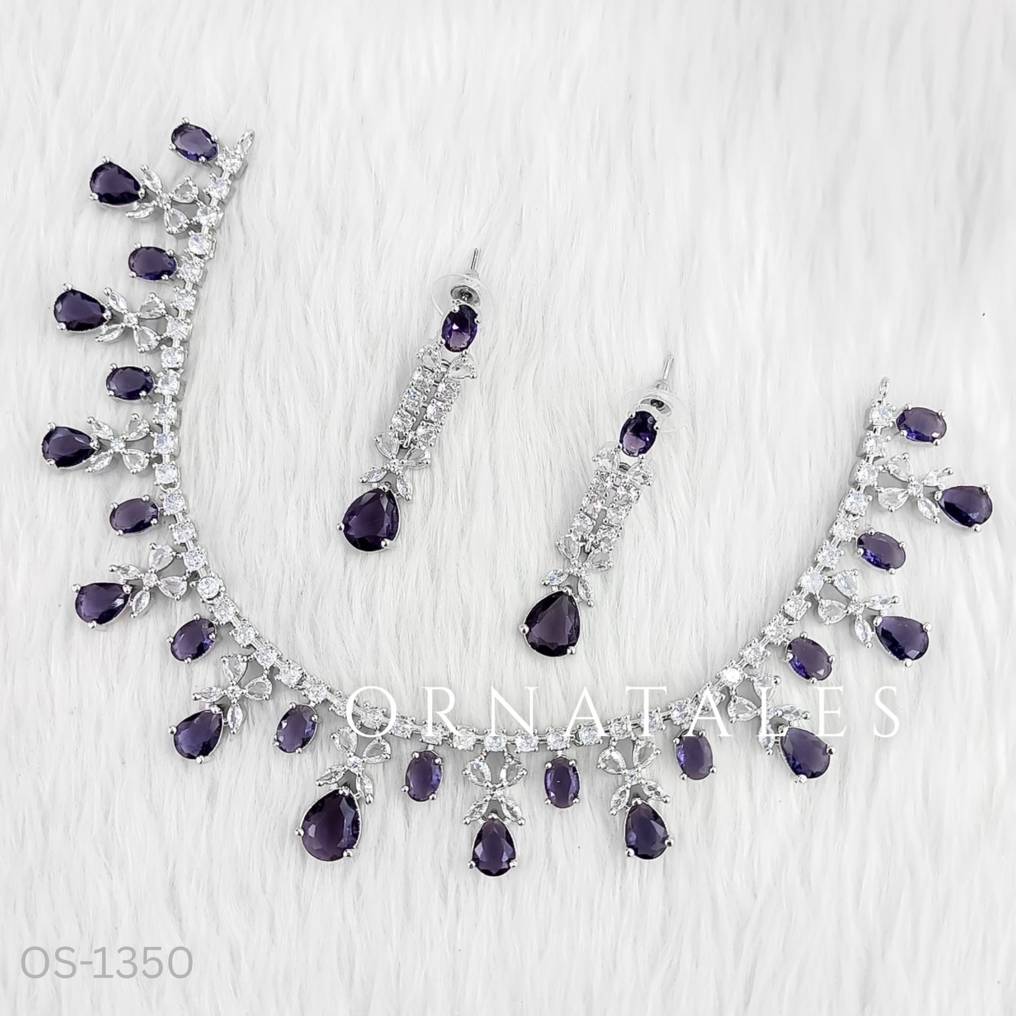 Purple Diamond Cut Necklace Set featuring cascading teardrop stones and clustered diamond detailing – Ornatales