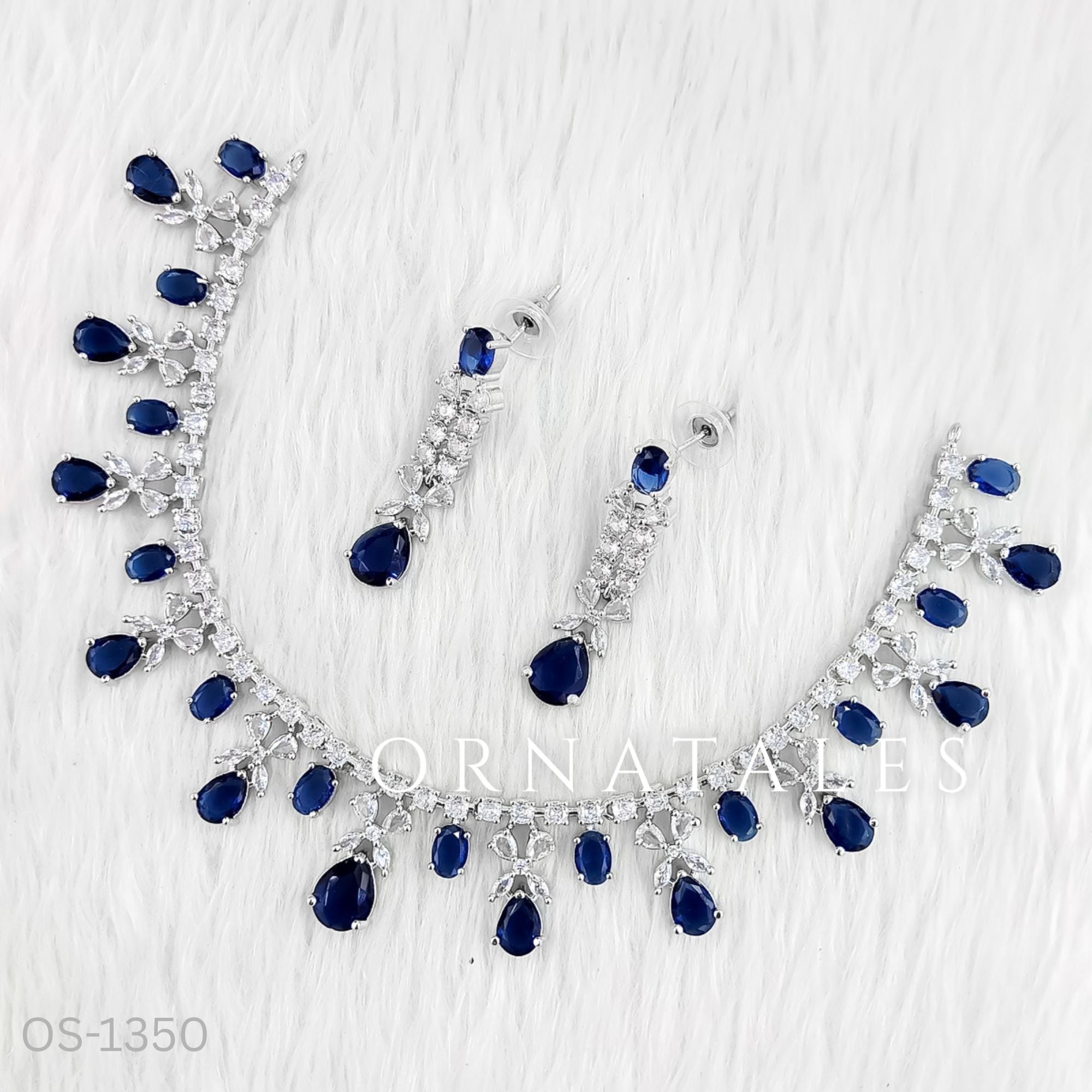 Royal Blue Diamond Cut Necklace Set featuring cascading teardrop stones and clustered diamond detailing – Ornatales