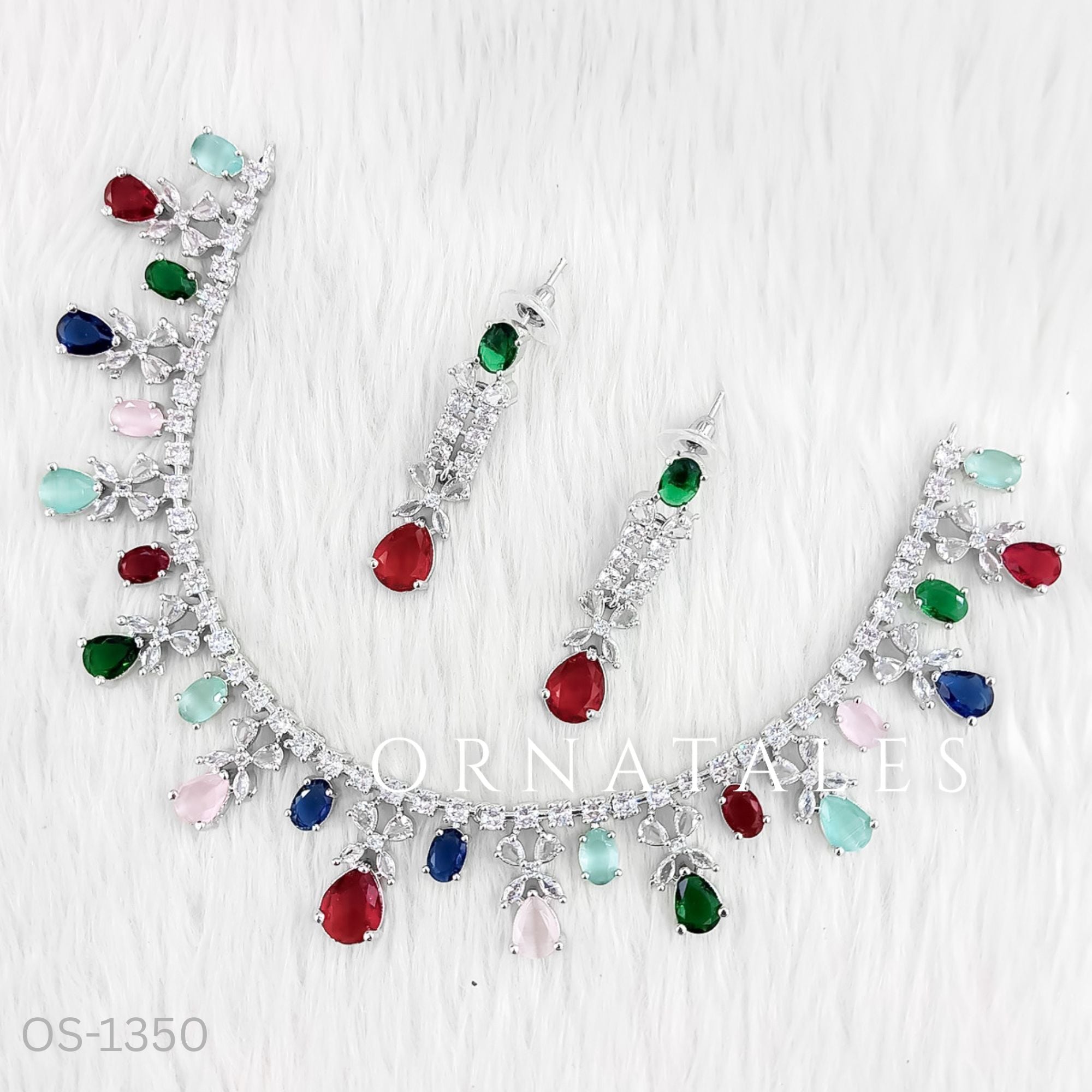 Multicolor Diamond Cut Necklace Set featuring cascading teardrop stones and clustered diamond detailing – Ornatales