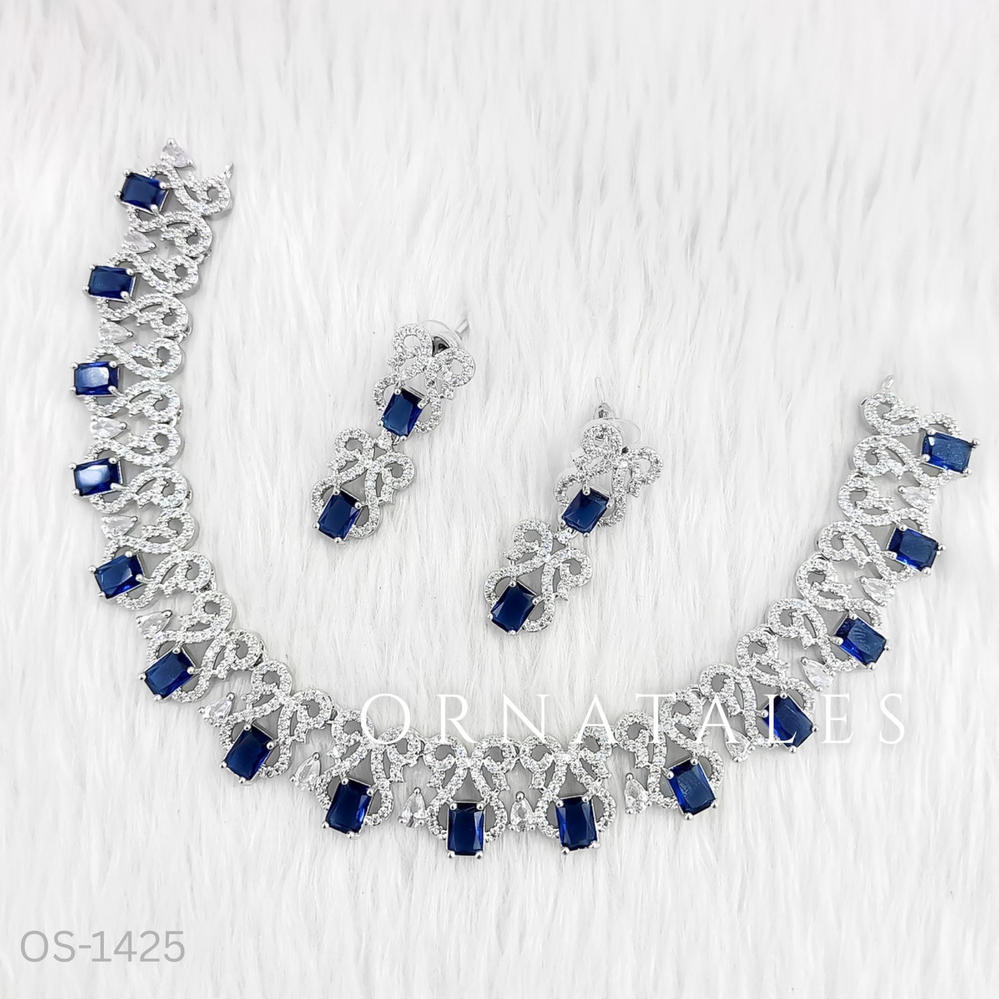 Royal Blue Diamond Cut Necklace Set featuring rectangular stones with floral diamond clusters – Ornatales
