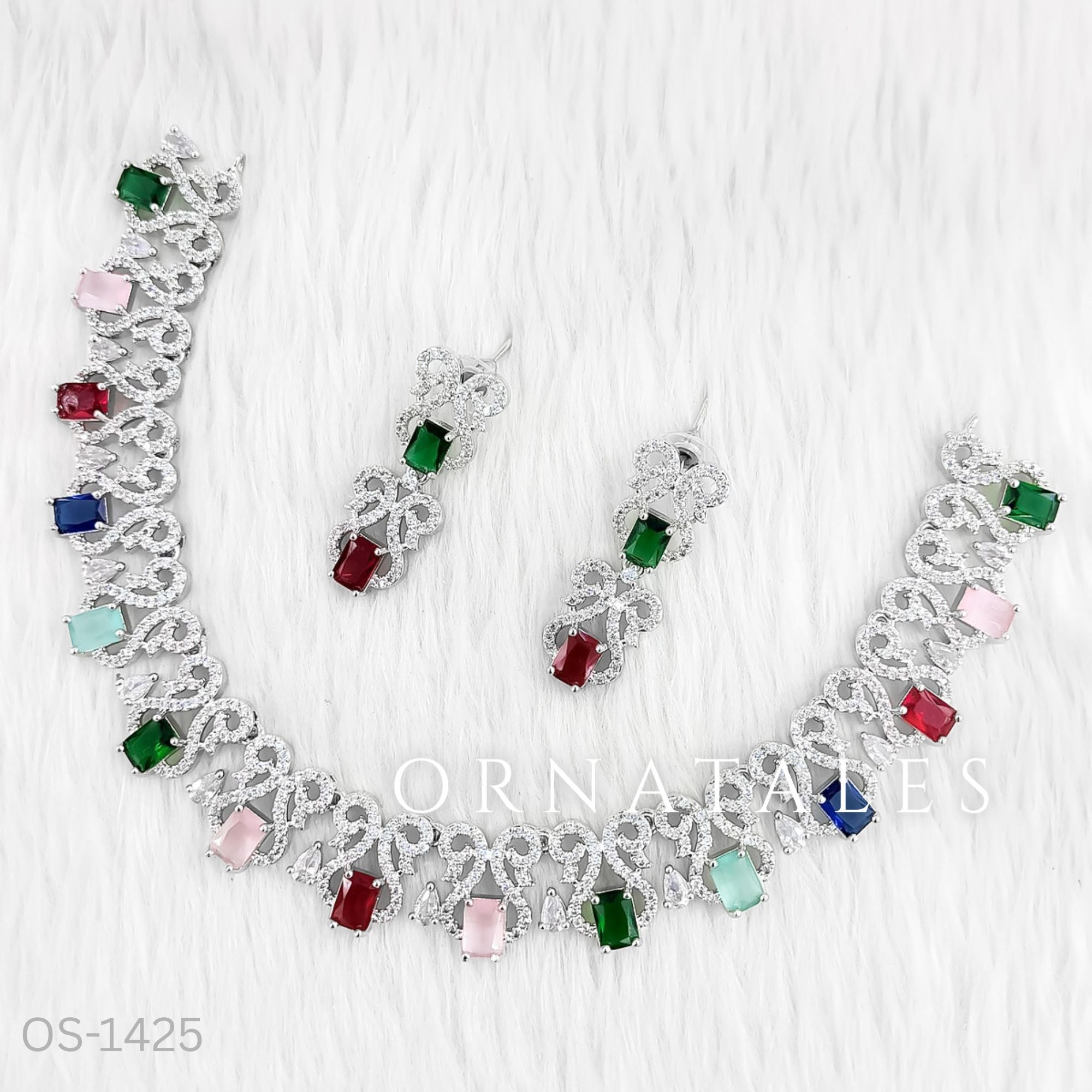 Multicolor Diamond Cut Necklace Set featuring rectangular stones with floral diamond clusters – Ornatales