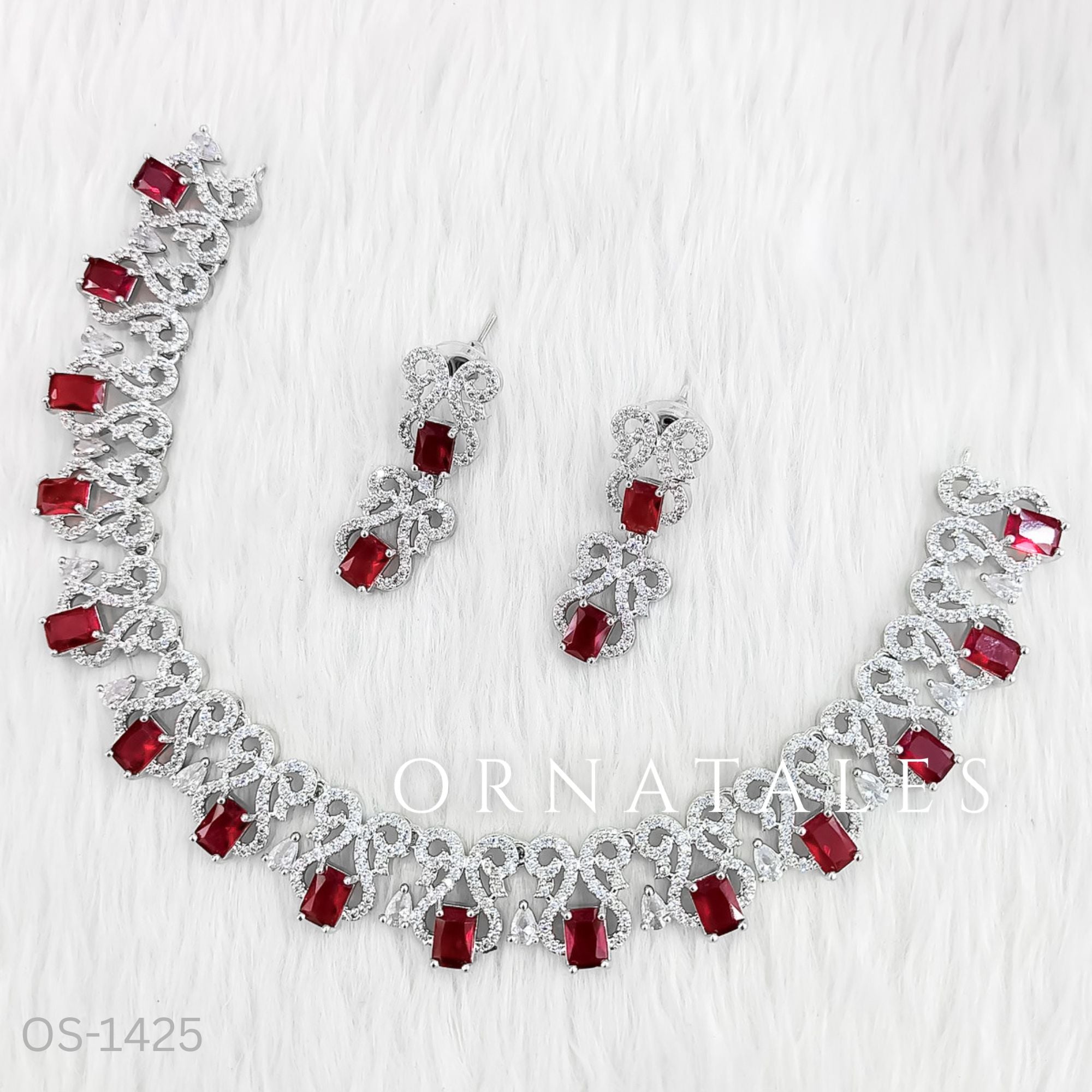 Ruby Red Diamond Cut Necklace Set featuring rectangular stones with floral diamond clusters – Ornatales