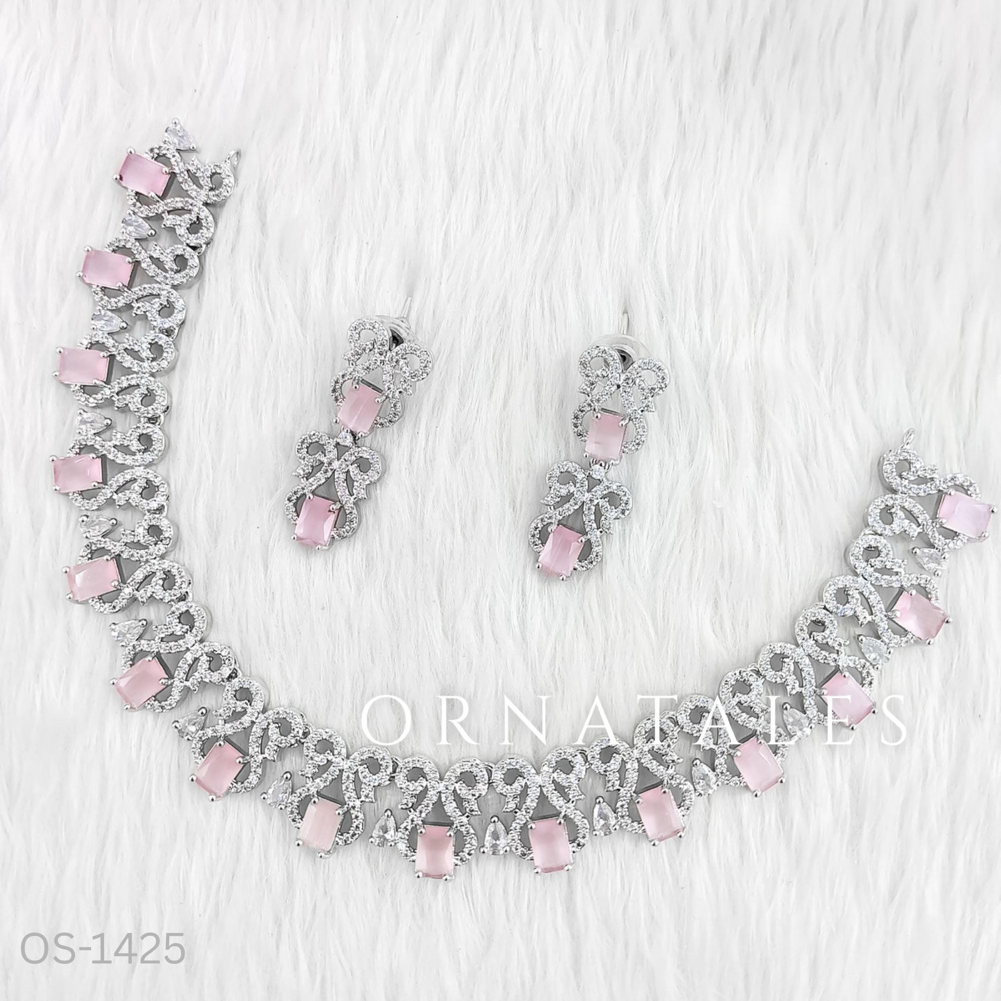 Pink Diamond Cut Necklace Set featuring rectangular stones with floral diamond clusters – Ornatales