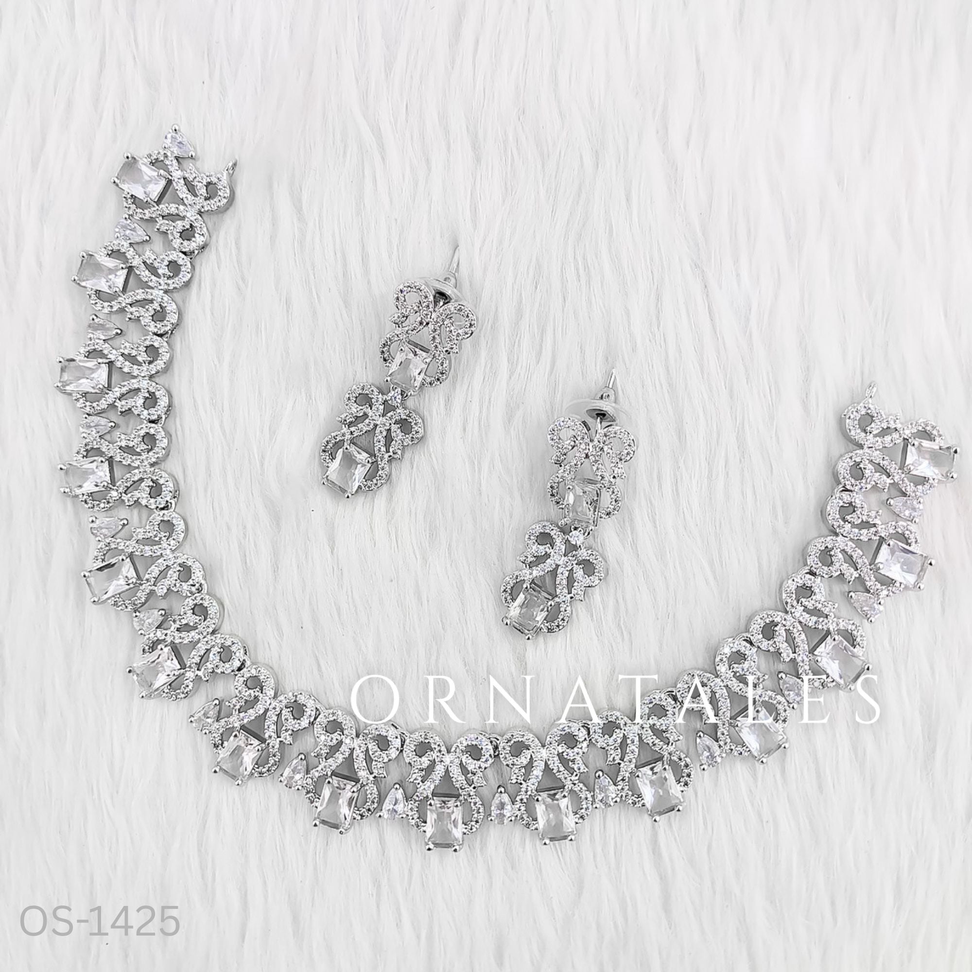 Crystal White Diamond Cut Necklace Set featuring rectangular stones with floral diamond clusters – Ornatales