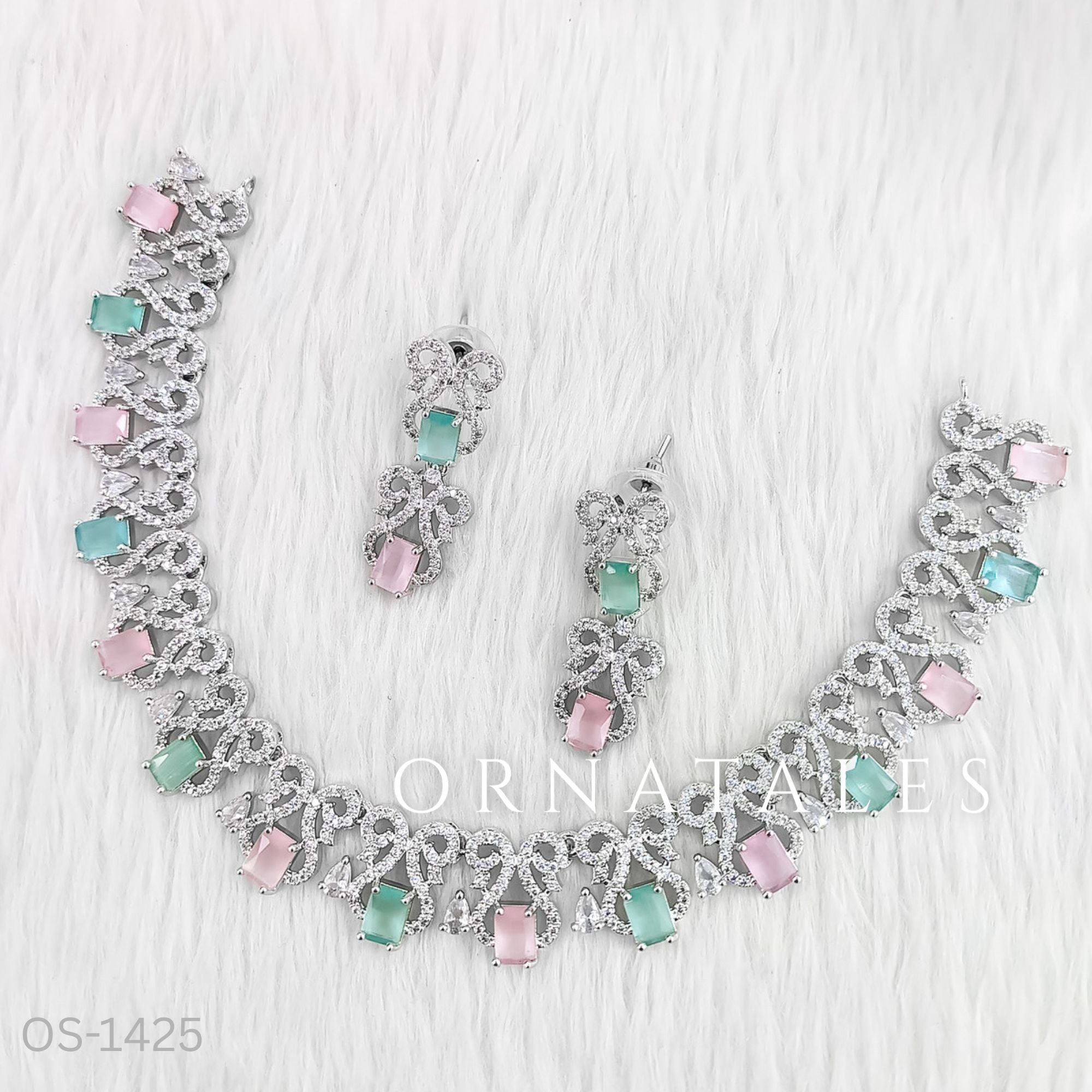 Pink & Mint Diamond Cut Necklace Set featuring rectangular stones with floral diamond clusters – Ornatales