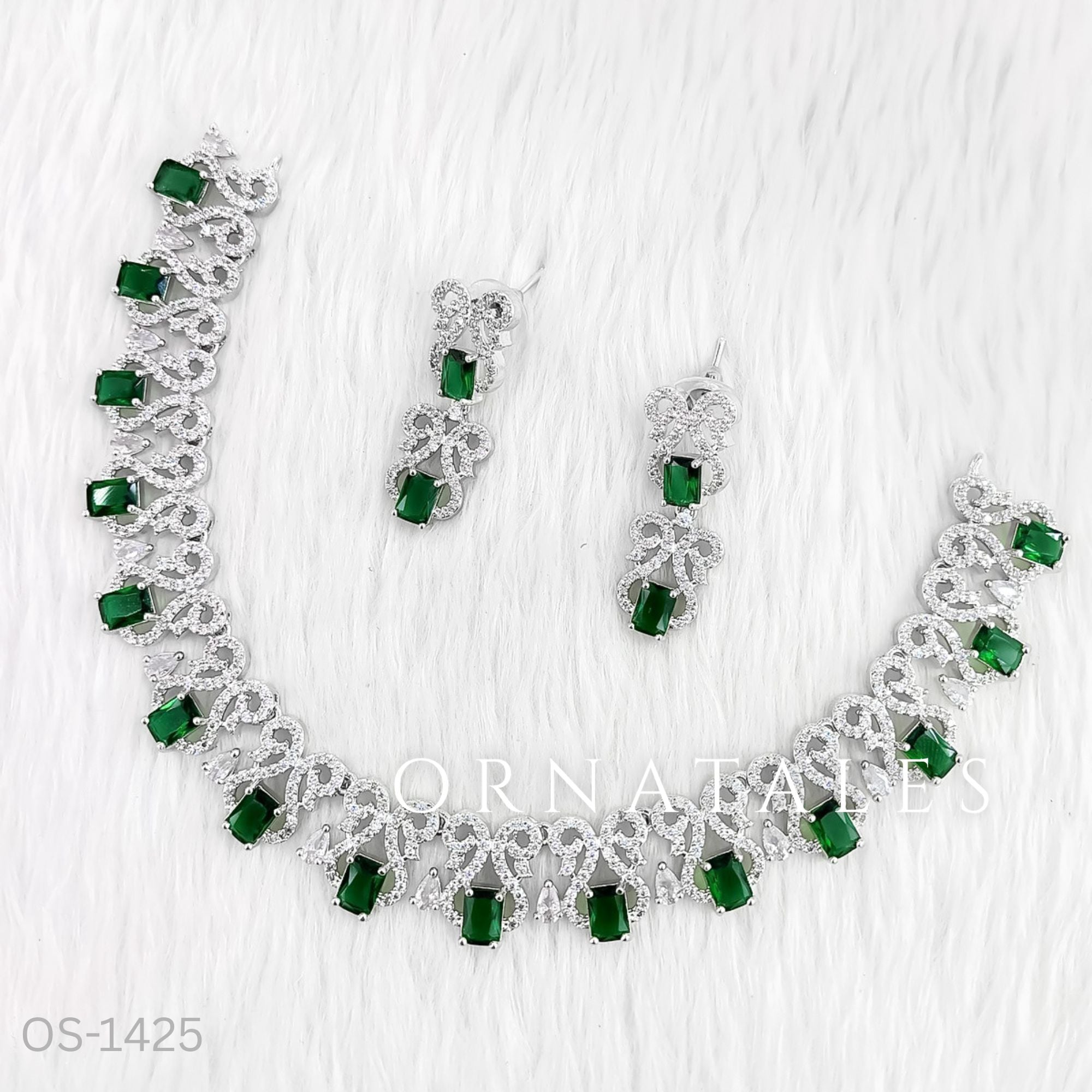 Emerald Green Diamond Cut Necklace Set featuring rectangular stones with floral diamond clusters – Ornatales