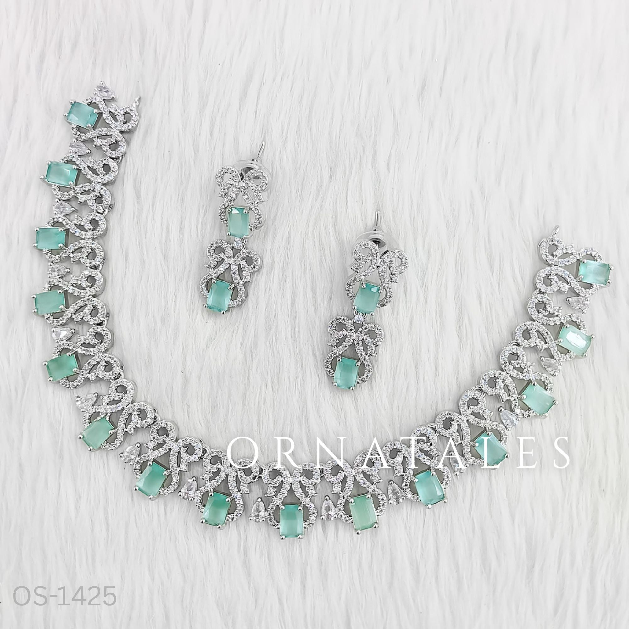 Mint Diamond Cut Necklace Set featuring rectangular stones with floral diamond clusters – Ornatales