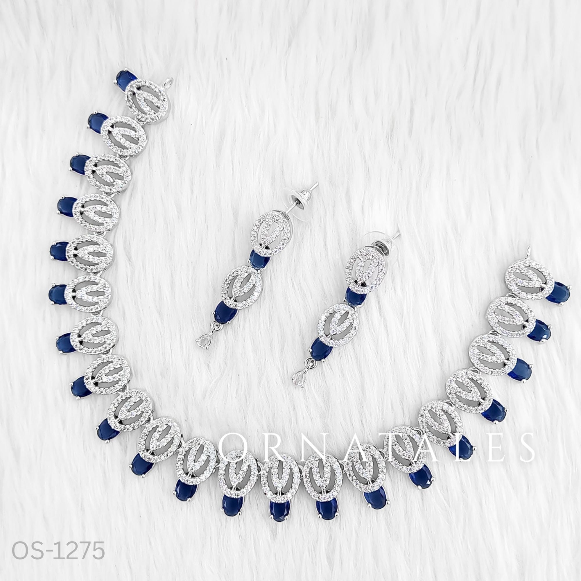Royal Blue Diamond Cut Necklace Set featuring spiral motifs with teardrop stones – Ornatales