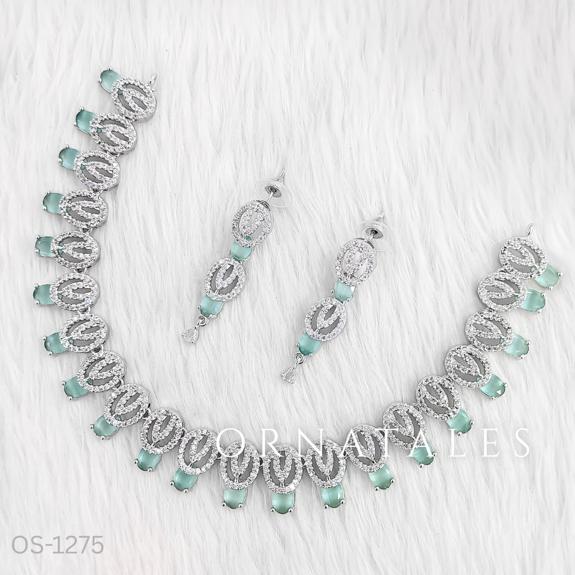 Mint Diamond Cut Necklace Set featuring spiral motifs with teardrop stones – Ornatales