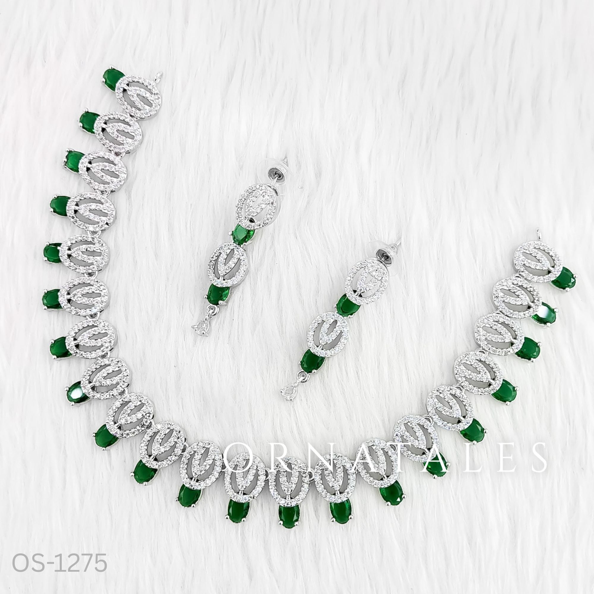 Emerald Green Diamond Cut Necklace Set featuring spiral motifs with teardrop stones – Ornatales