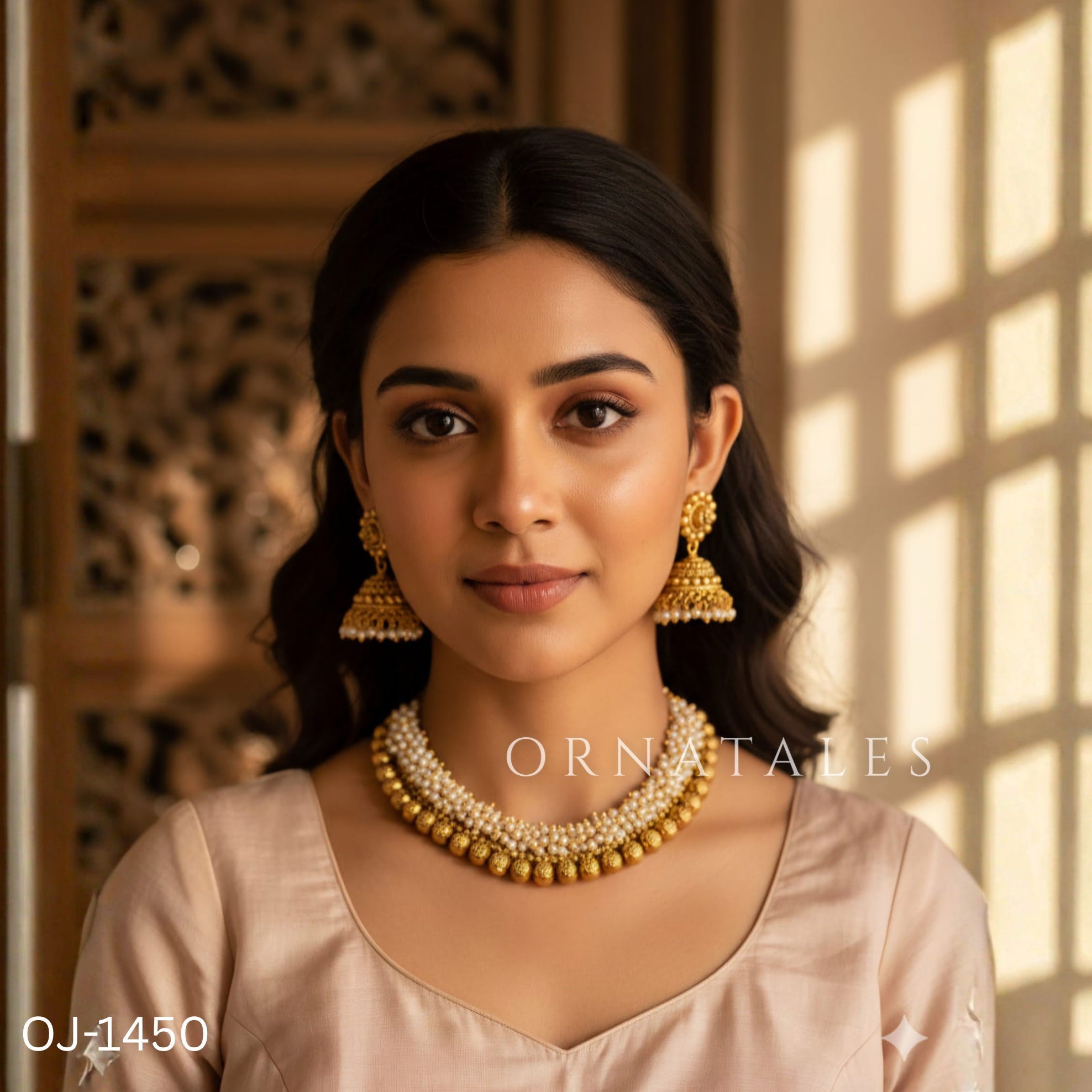White Traditional Gajra Necklace Set featuring double-layer white micro pearls and golden ball beads.