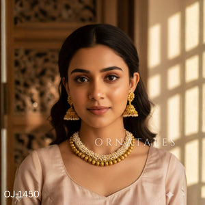 White Traditional Gajra Necklace Set featuring double-layer white micro pearls and golden ball beads.