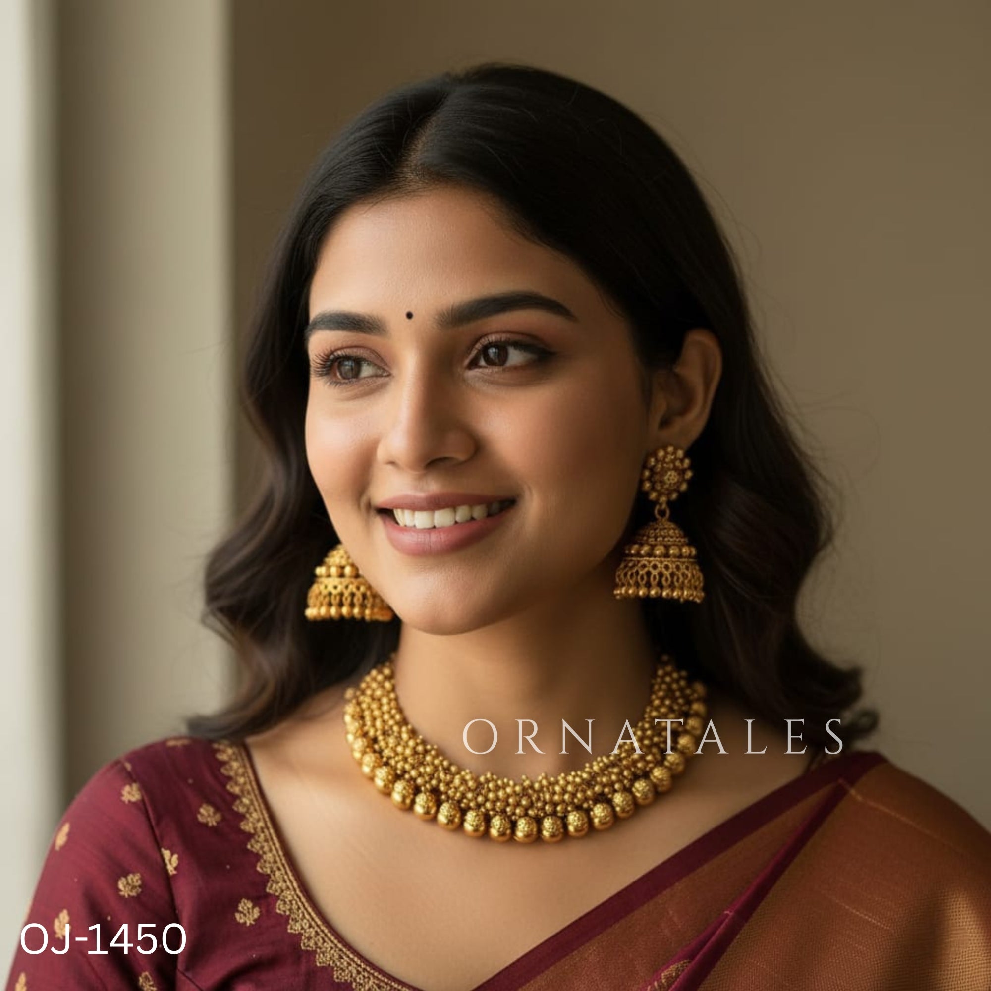 Golden Gajra necklace set handcrafted with layered golden ball beads in a traditional South Indian bridal style.