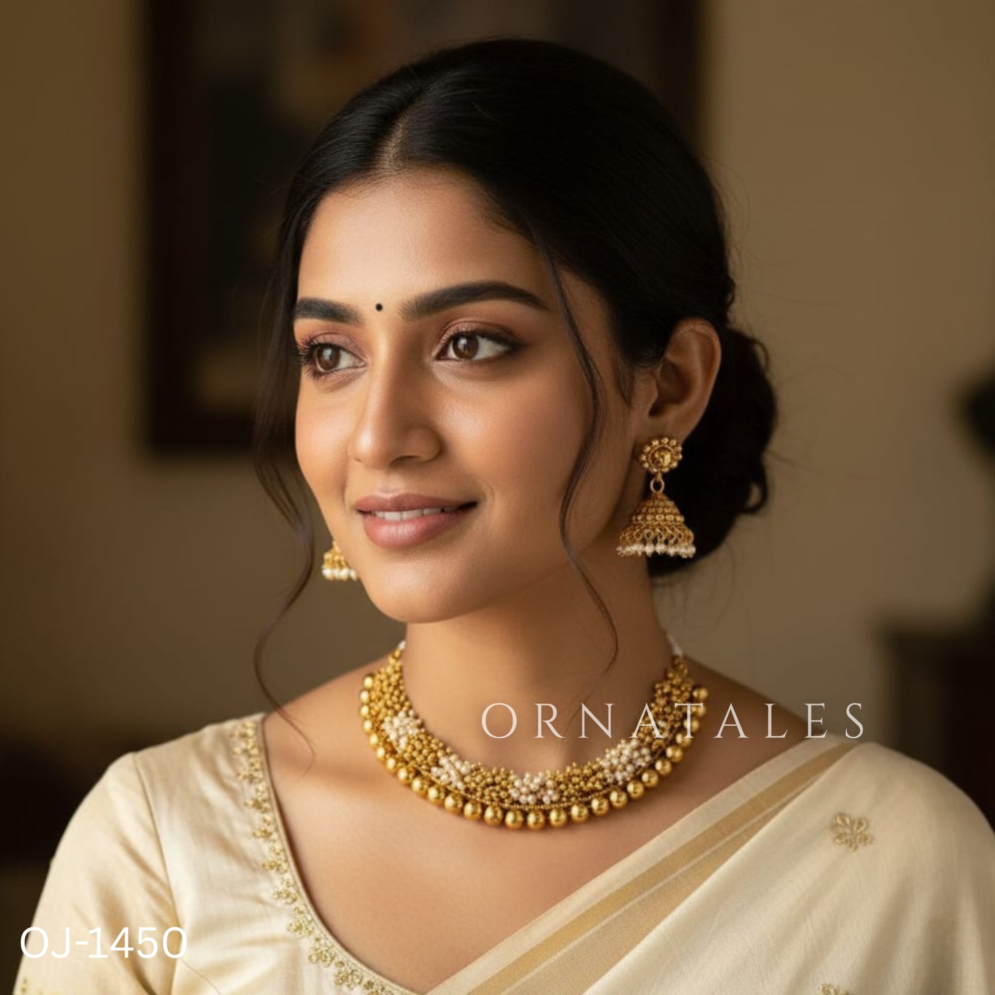 White and golden Gajra necklace set with layered micro pearls and golden ball beads in a traditional South Indian bridal design.