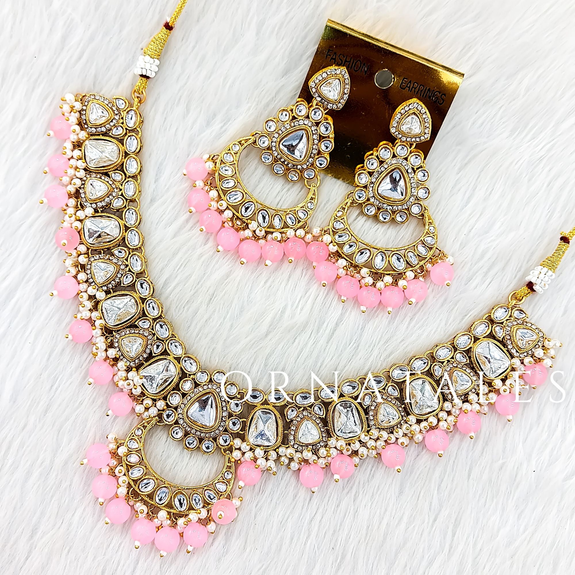 Soft Pink Kundan Necklace Set featuring Royal Chandbali design with pearl drops – Perfect for Wedding Look – Ornatales