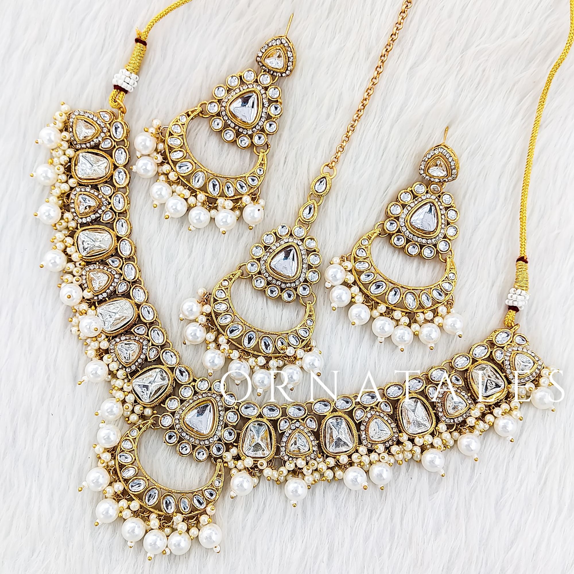 White Kundan Necklace Set featuring Royal Chandbali design with pearl drops – Perfect for Bridal Look – Ornatales