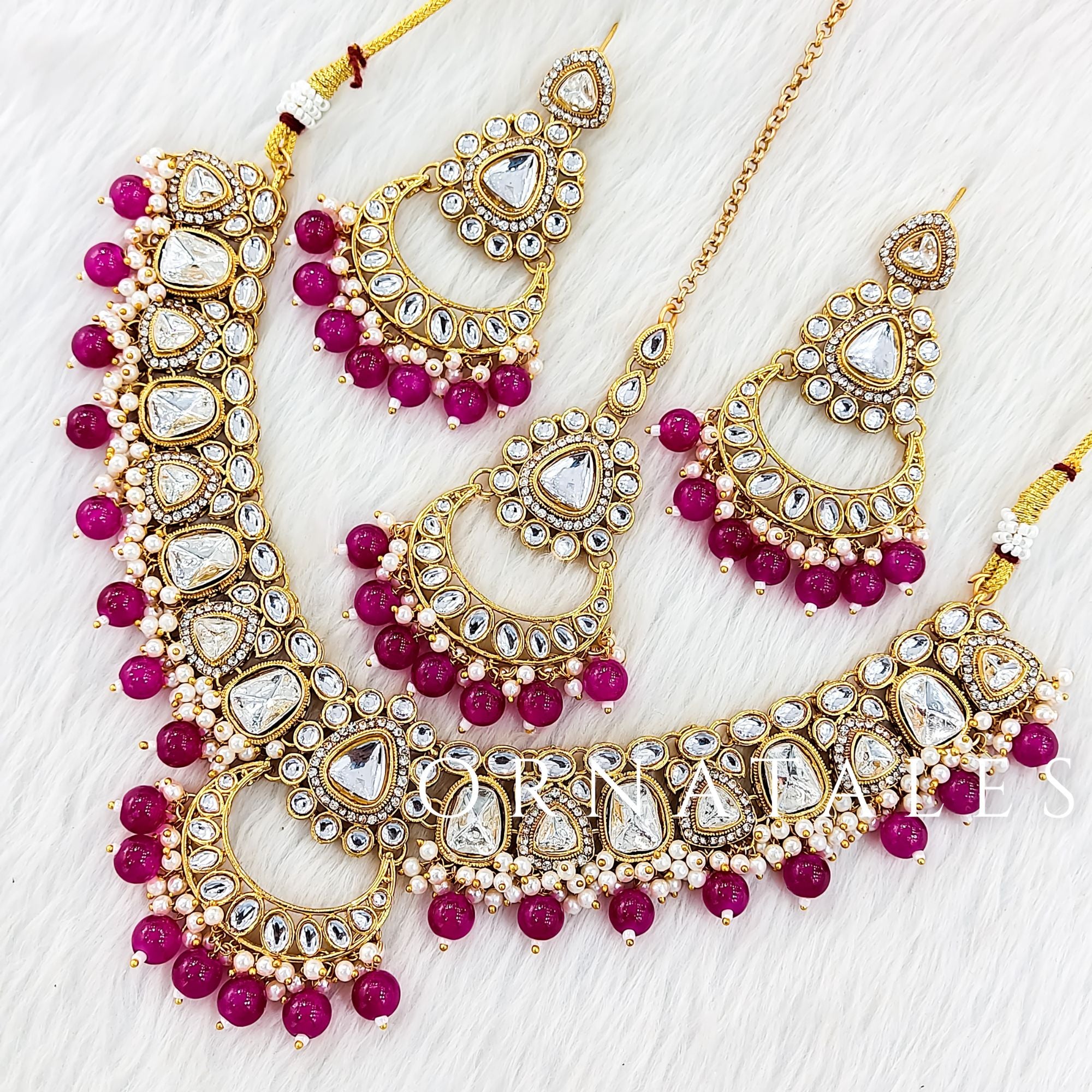 Royal Pink Pearl Kundan Necklace Set featuring Royal Chandbali design with hanging pearls – Perfect for Bridal Look – Ornatales