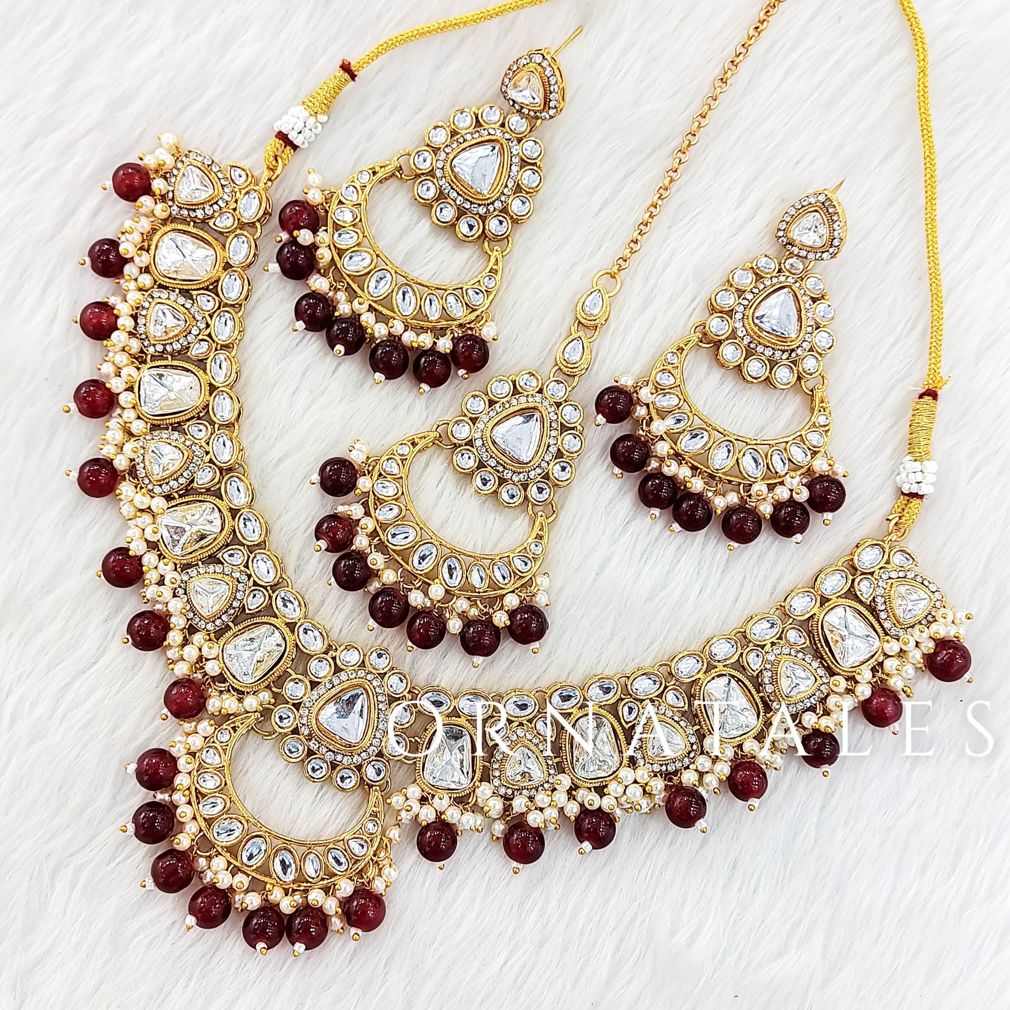 Maroon Kundan Necklace Set featuring Royal Chandbali design with pearl hangings – Perfect for Bridal Wear – Ornatales